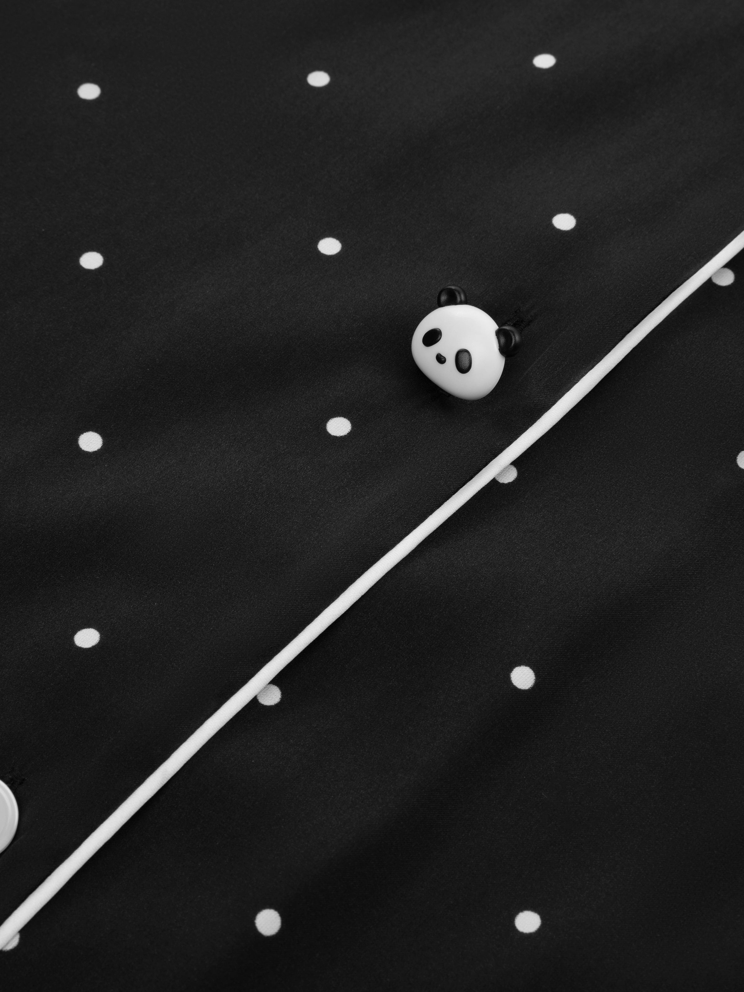 "Panda PomPom" Satin Loungewear Set Short Sleeve – Black Polka Dot