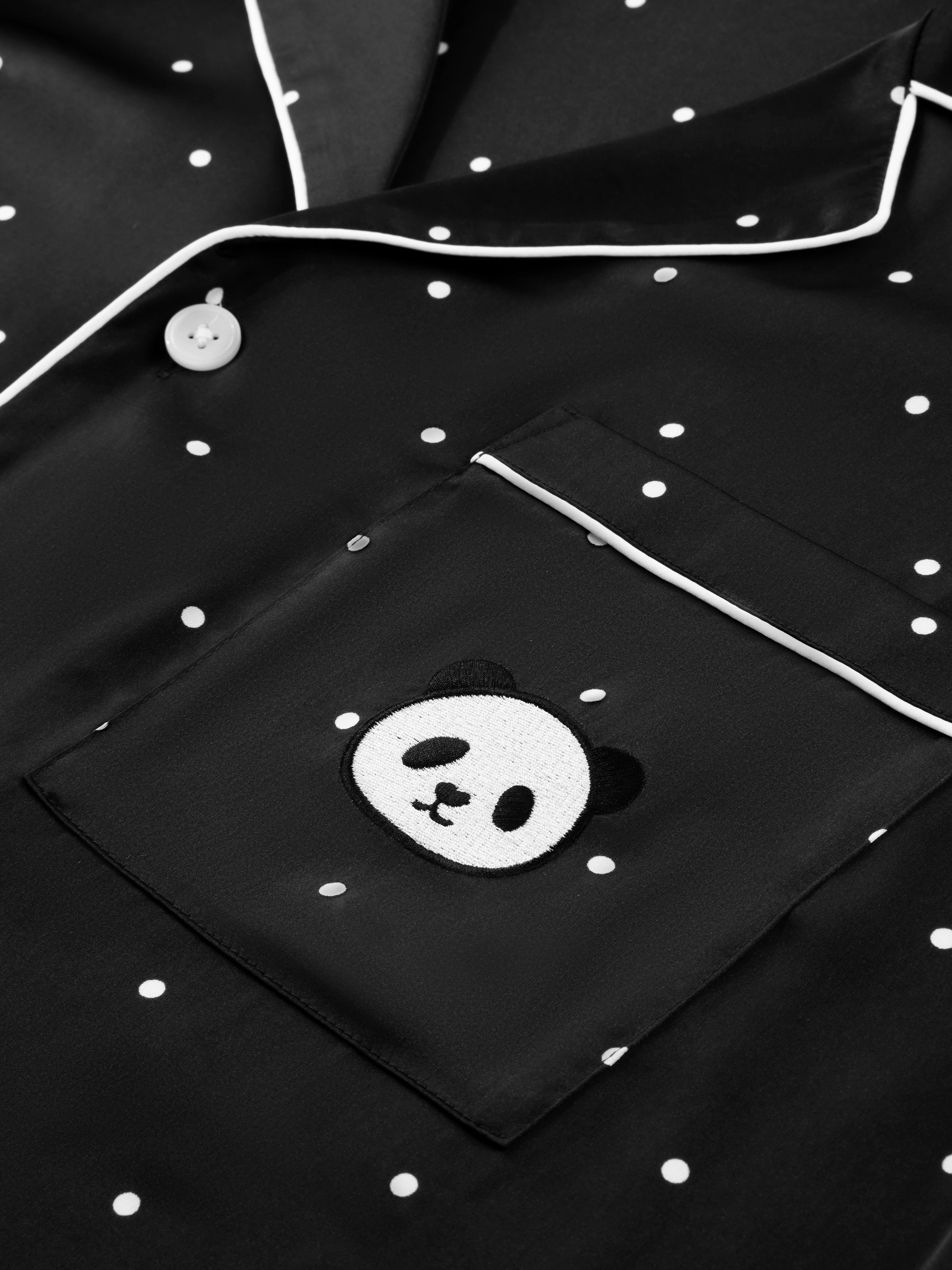 "Panda PomPom" Satin Loungewear Set Short Sleeve – Black Polka Dot