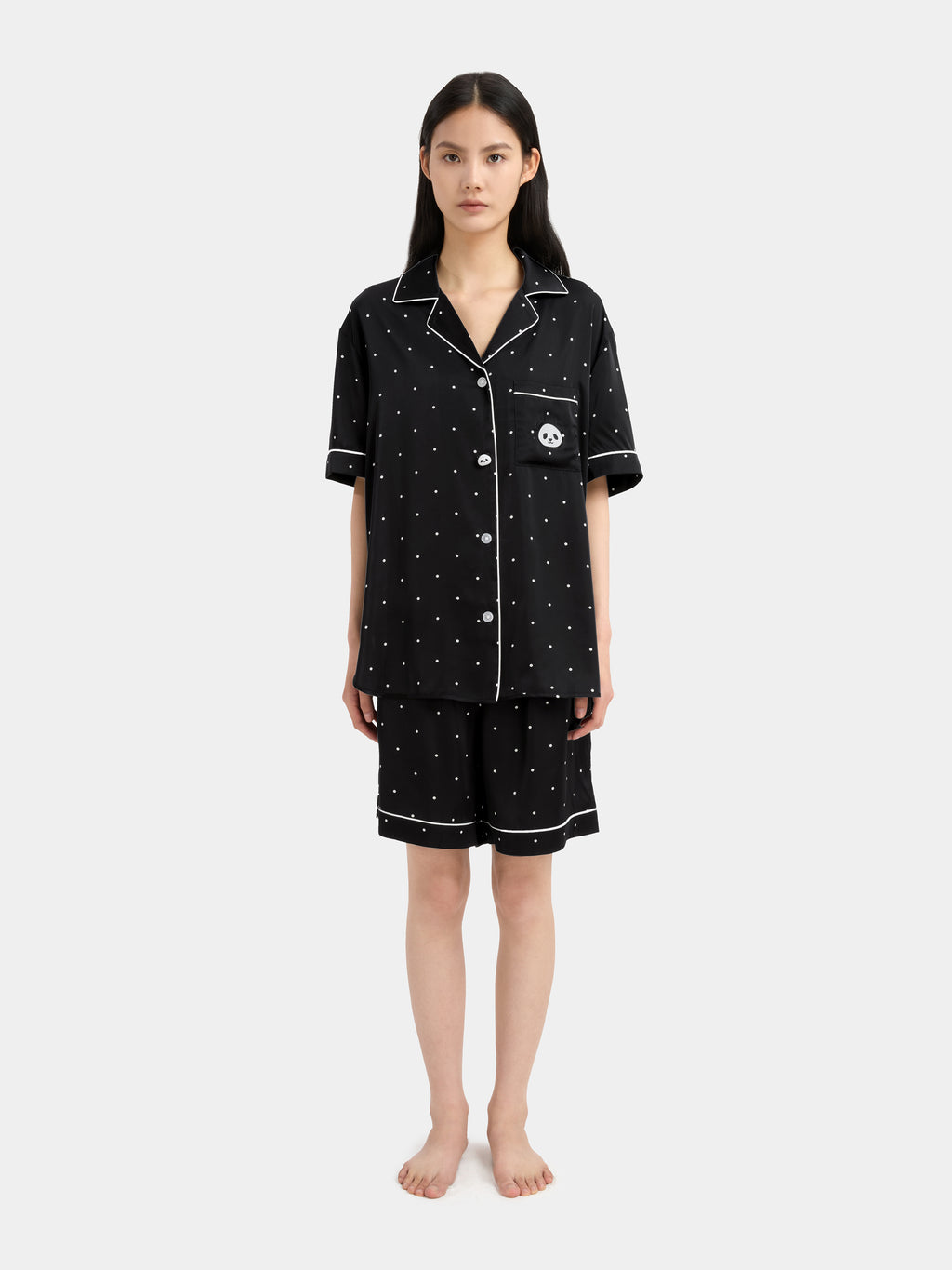 "Panda PomPom" Satin Loungewear Set Short Sleeve – Black Polka Dot