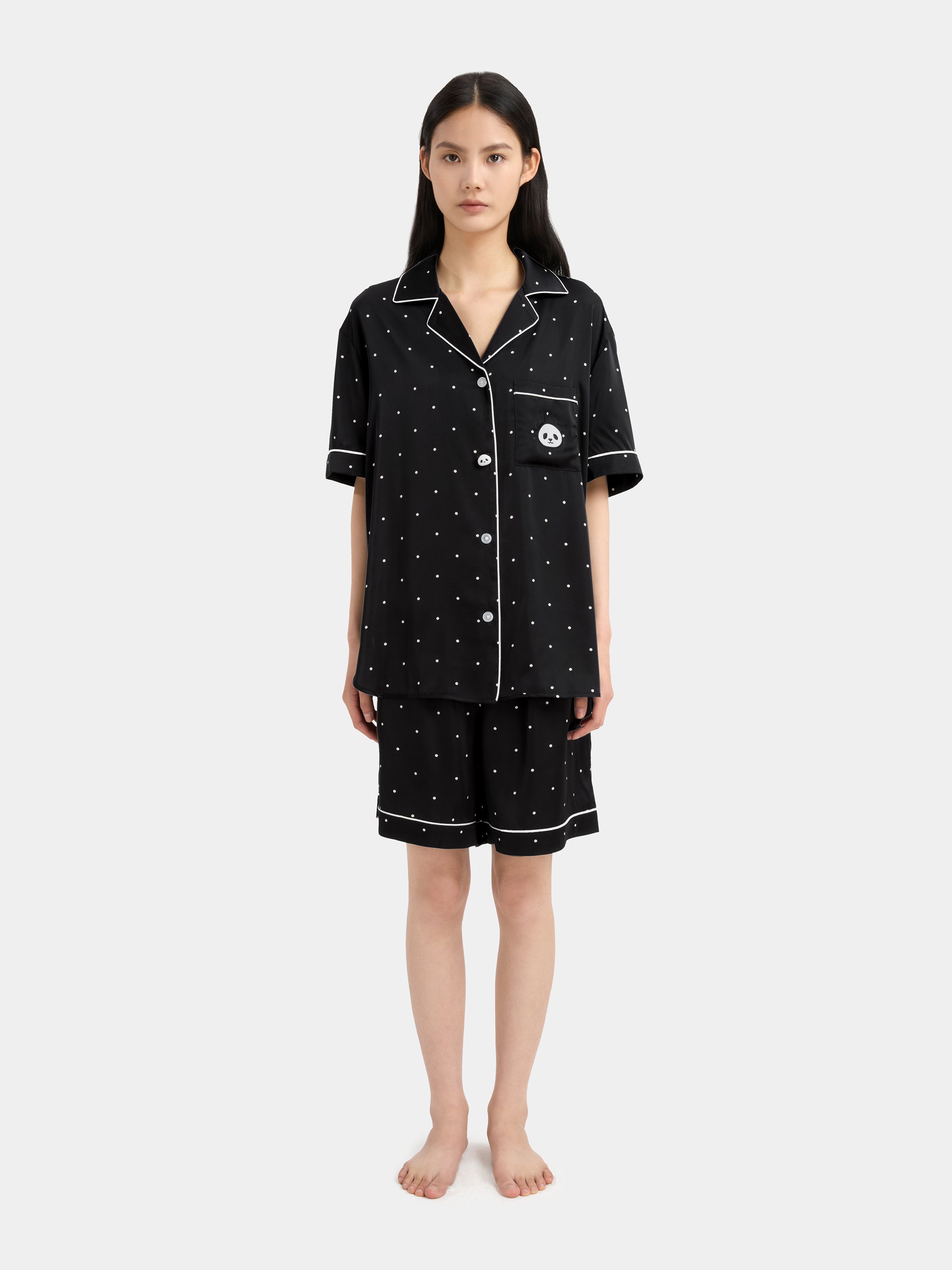 "Panda PomPom" Satin Loungewear Set Short Sleeve – Black Polka Dot
