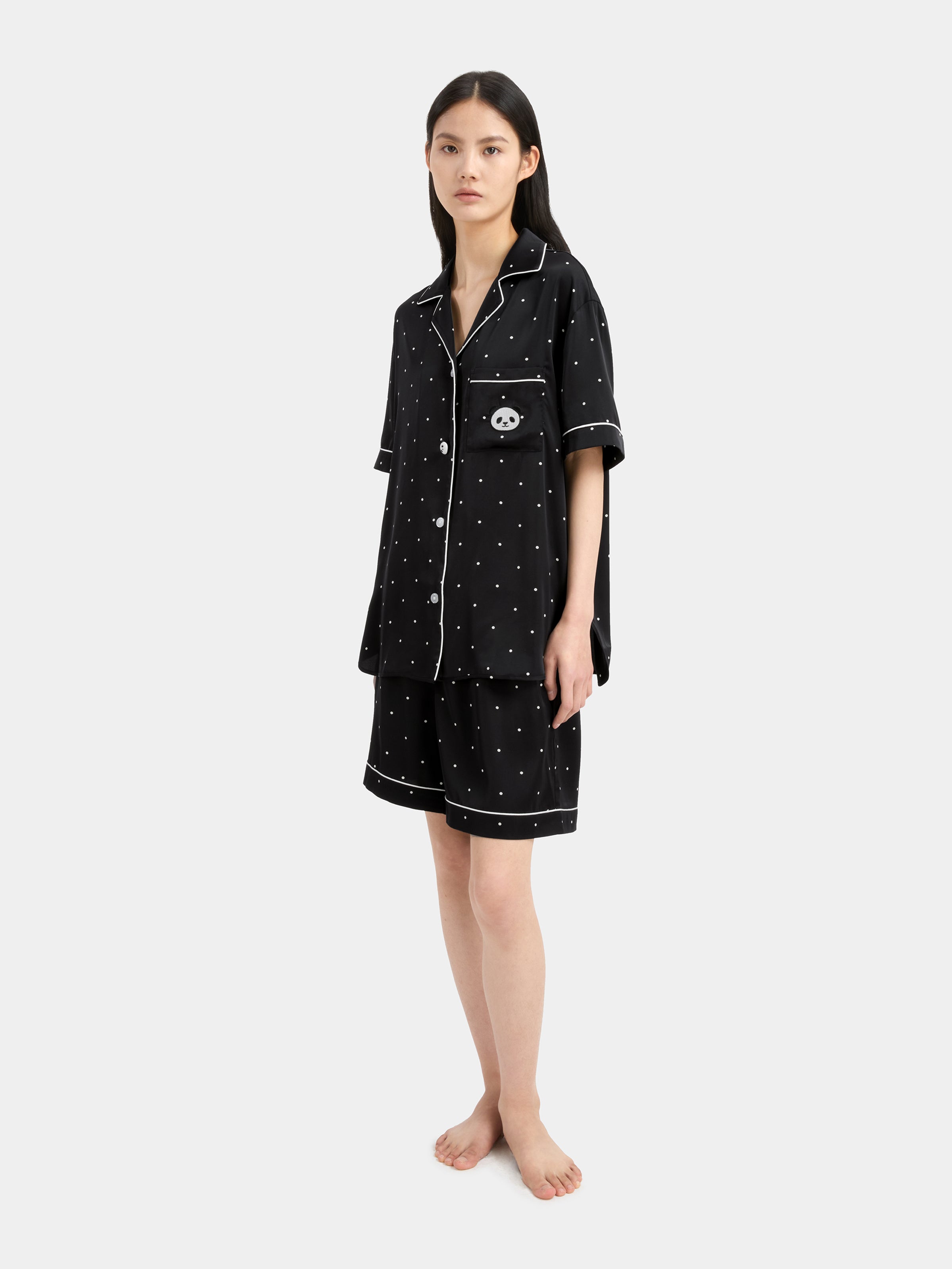 "Panda PomPom" Satin Loungewear Set Short Sleeve – Black Polka Dot