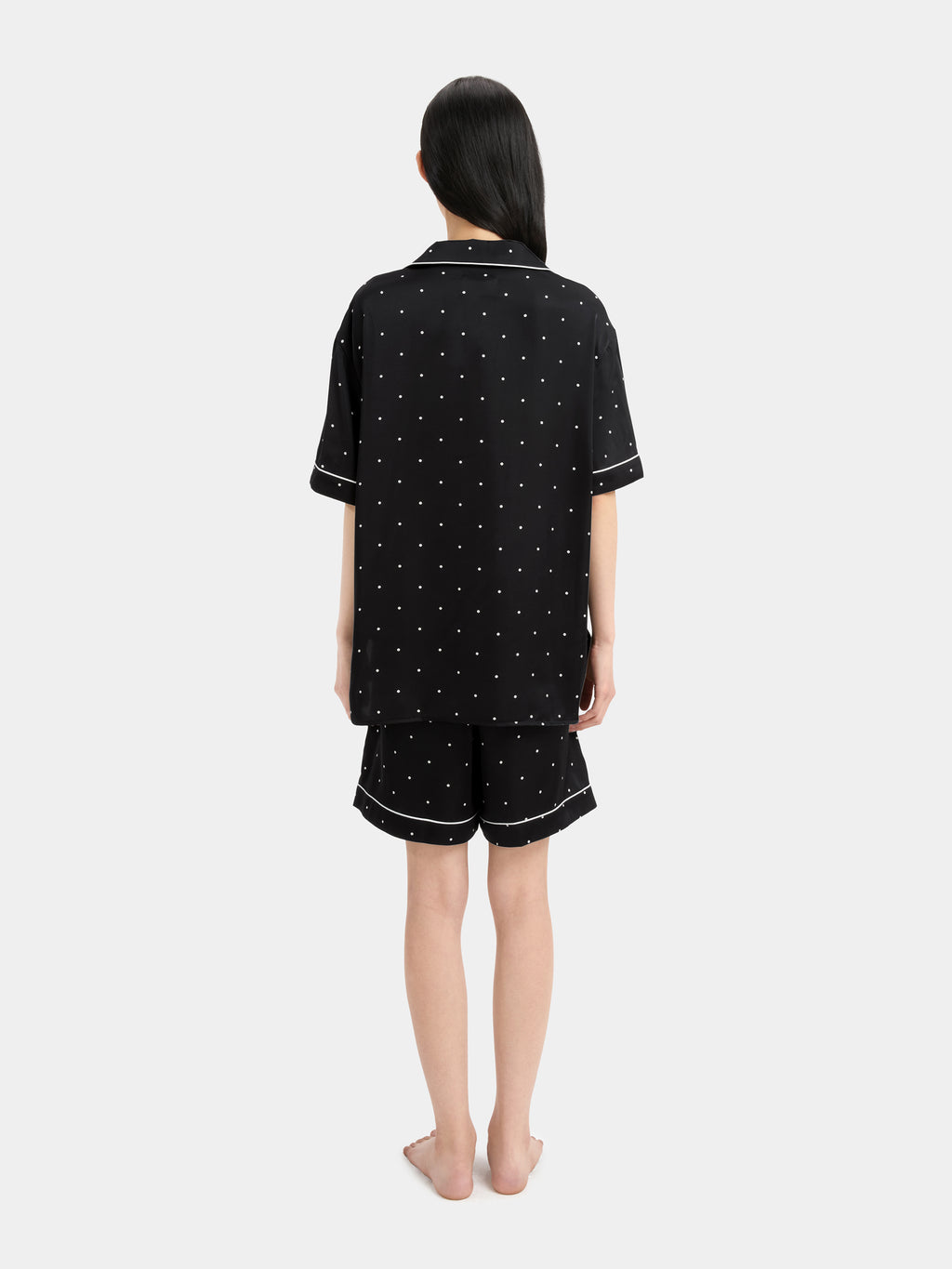 "Panda PomPom" Satin Loungewear Set Short Sleeve – Black Polka Dot