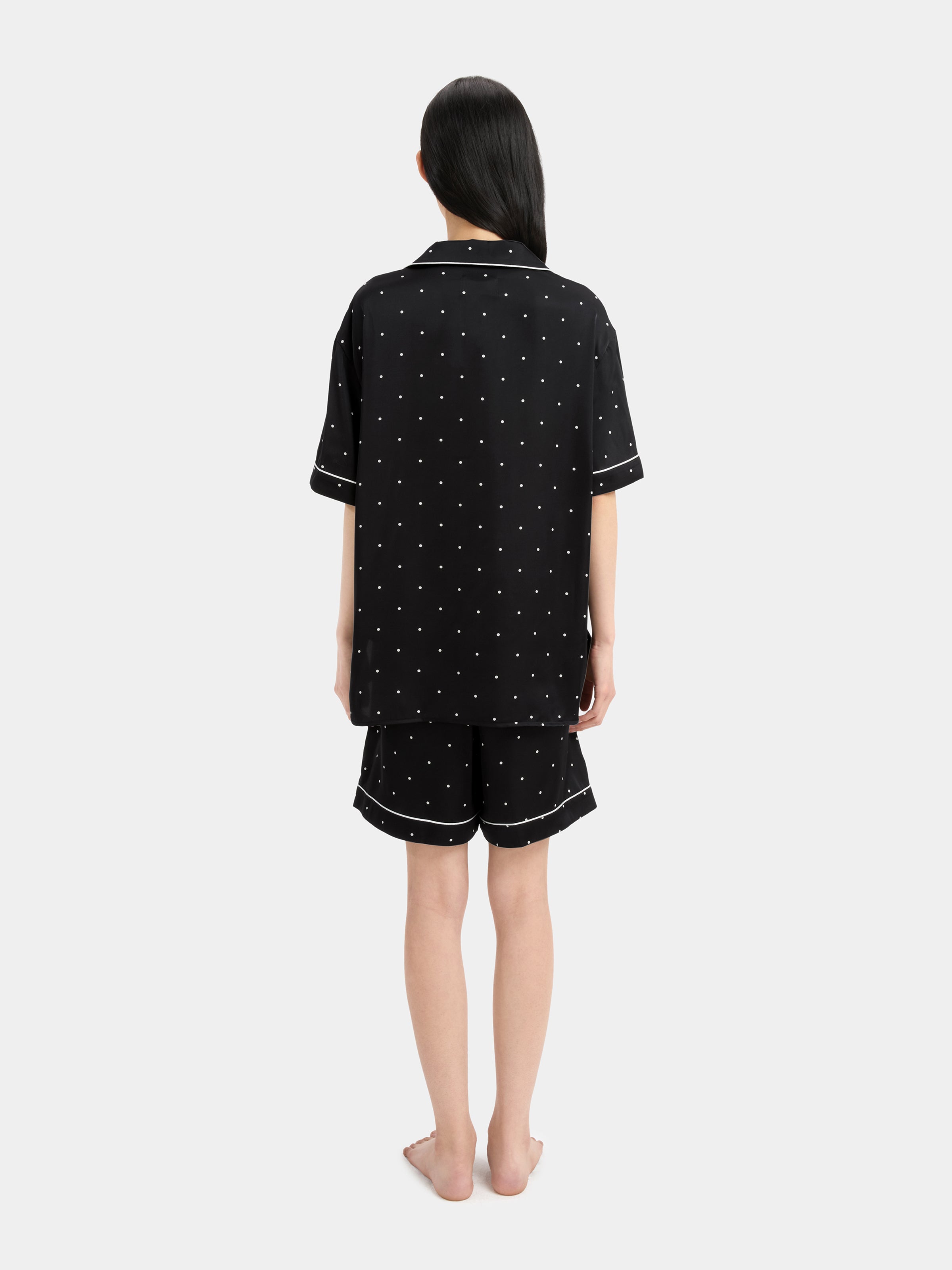 "Panda PomPom" Satin Loungewear Set Short Sleeve – Black Polka Dot