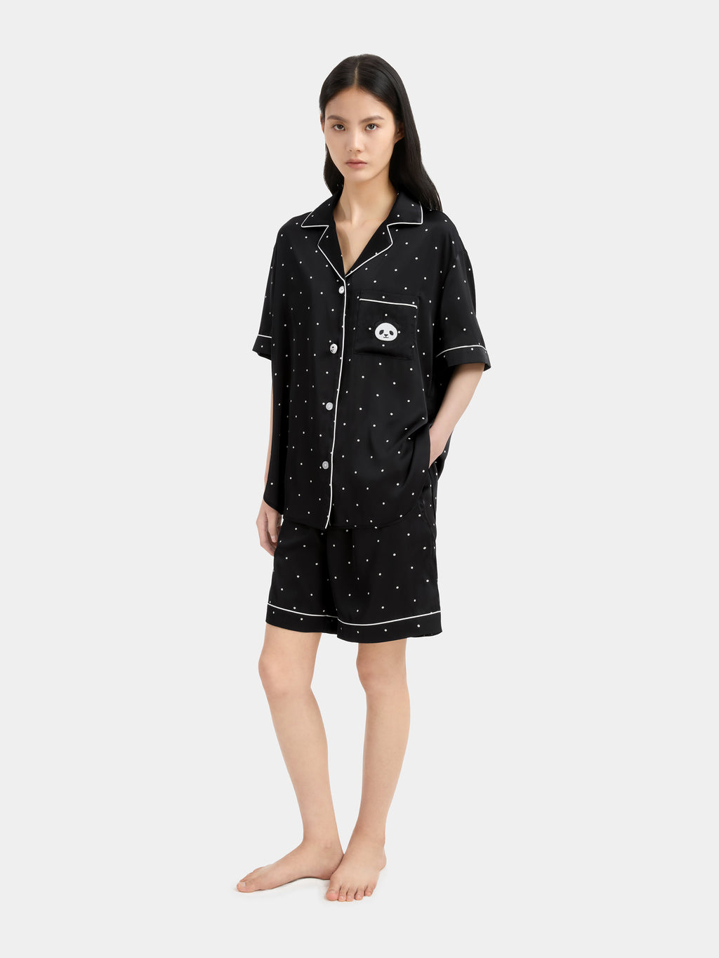 "Panda PomPom" Satin Loungewear Set Short Sleeve – Black Polka Dot