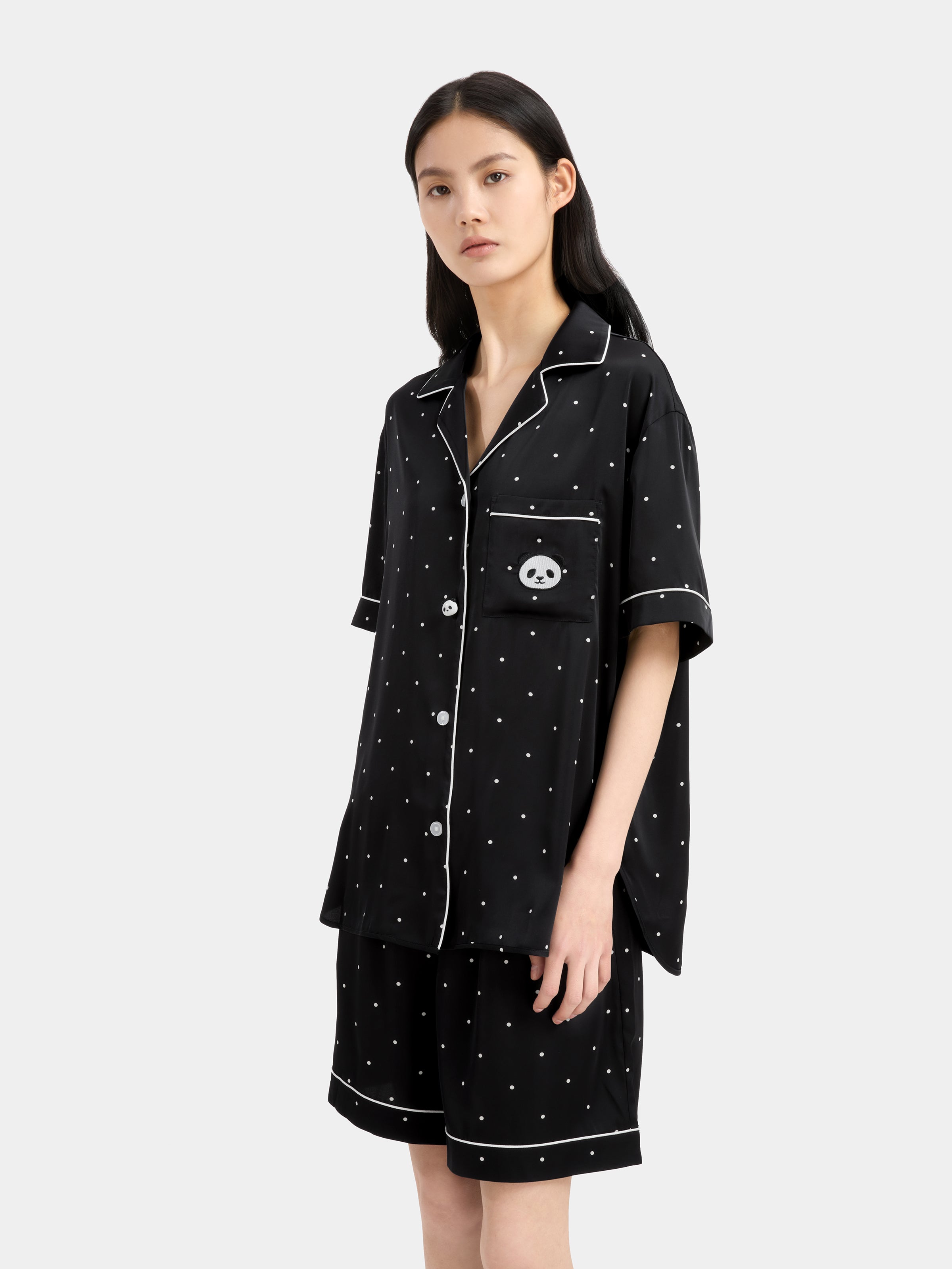 "Panda PomPom" Satin Loungewear Set Short Sleeve – Black Polka Dot