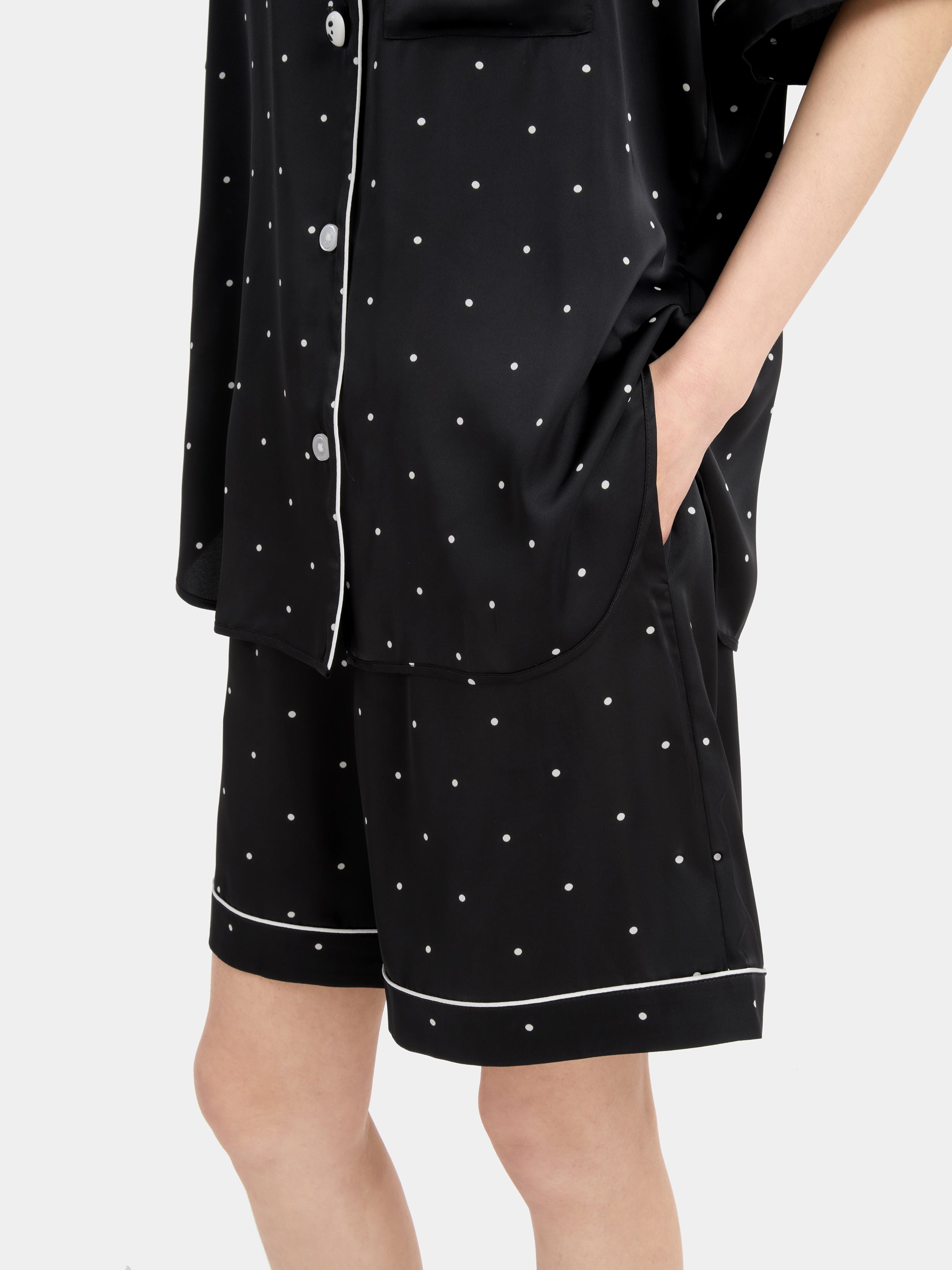 "Panda PomPom" Satin Loungewear Set Short Sleeve – Black Polka Dot