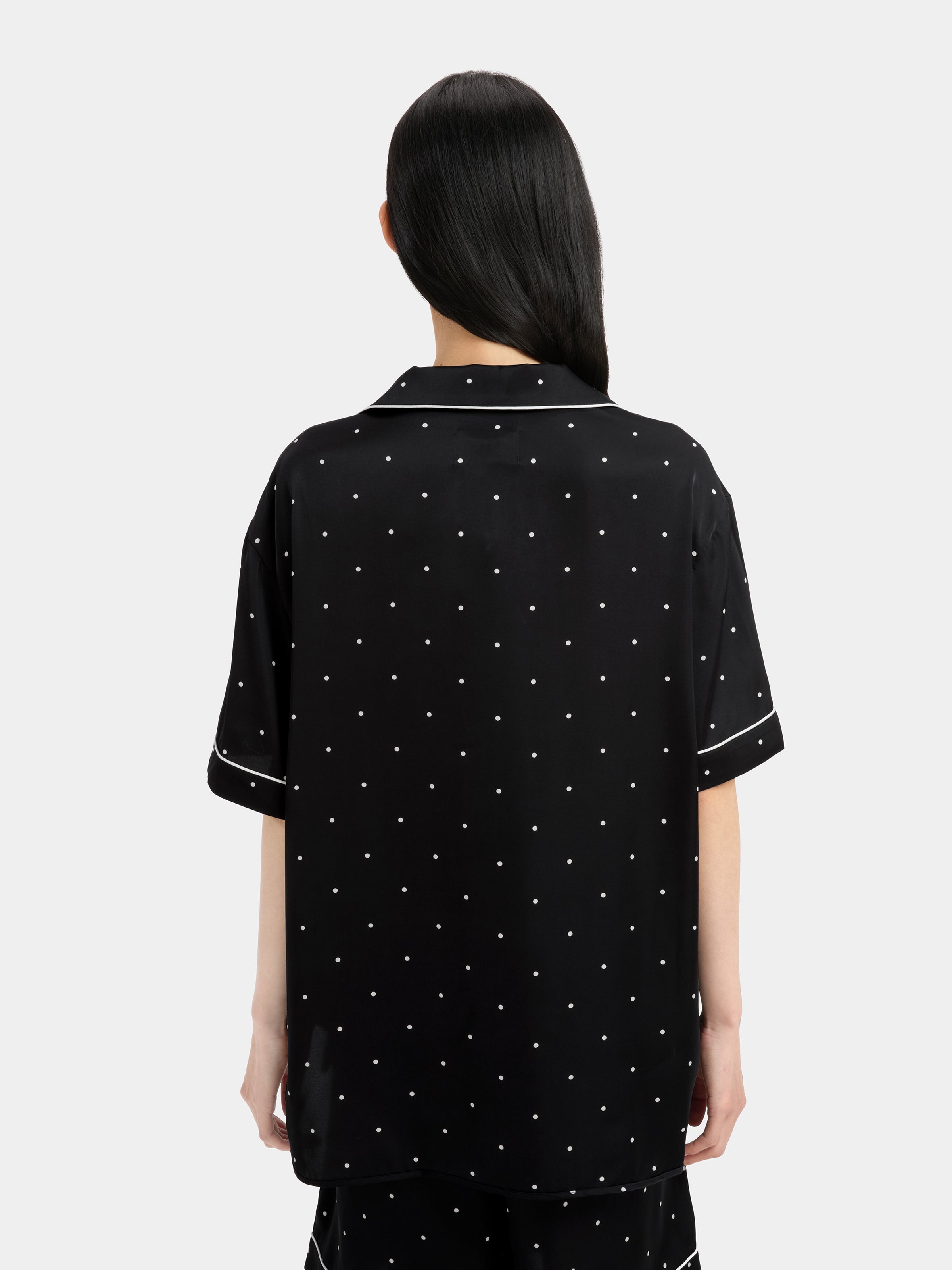 "Panda PomPom" Satin Loungewear Set Short Sleeve – Black Polka Dot