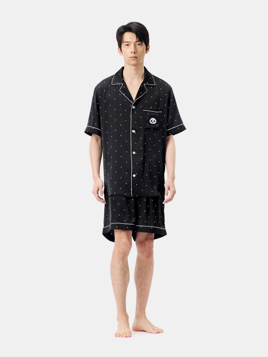 "Panda PomPom" Satin Loungewear Set Short Sleeve – Black Polka Dot