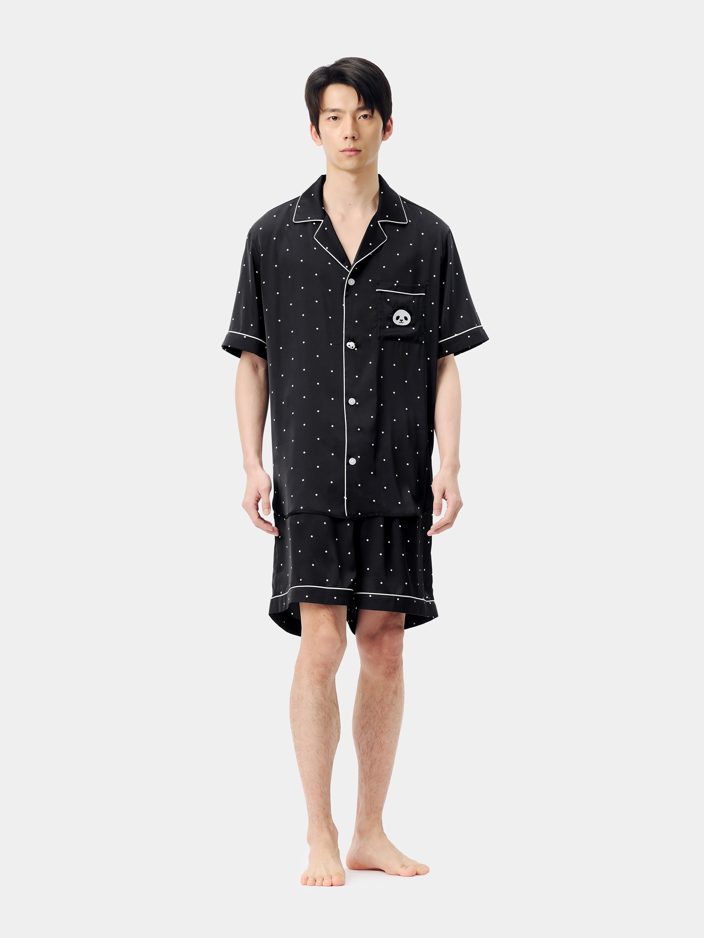 "Panda PomPom" Satin Loungewear Set Short Sleeve – Black Polka Dot