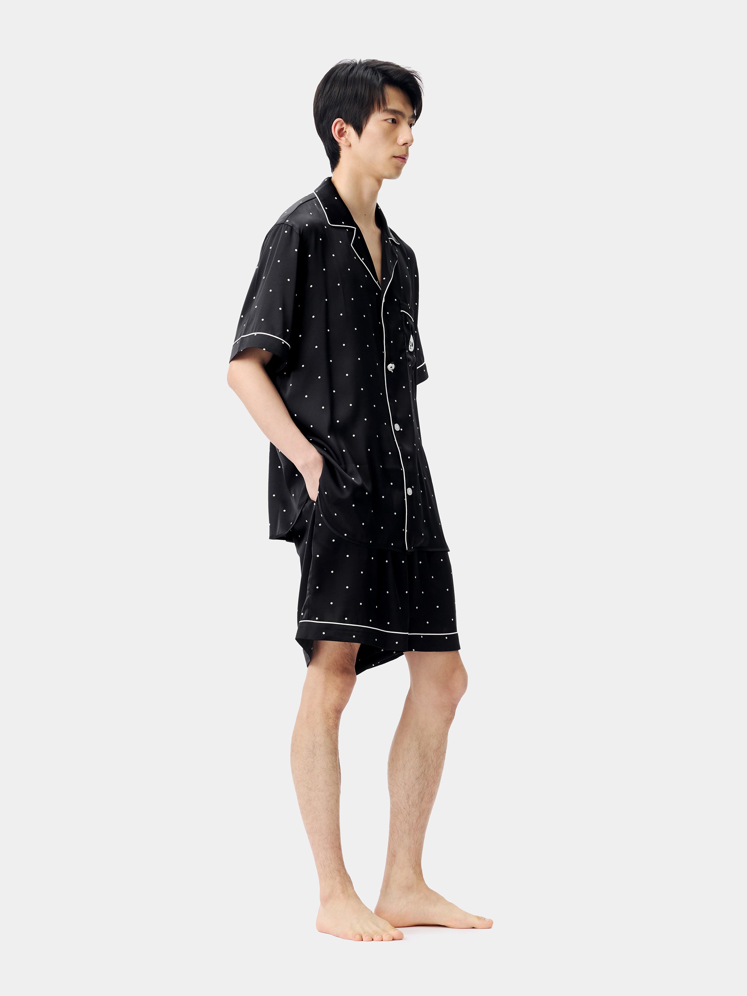 "Panda PomPom" Satin Loungewear Set Short Sleeve – Black Polka Dot