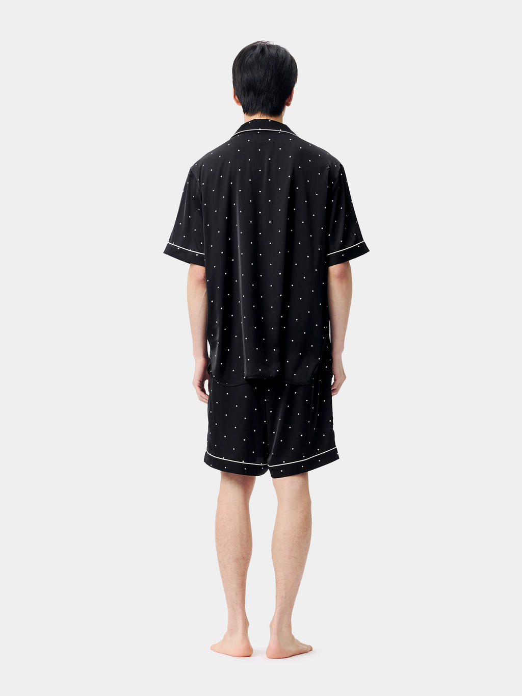 "Panda PomPom" Satin Loungewear Set Short Sleeve – Black Polka Dot