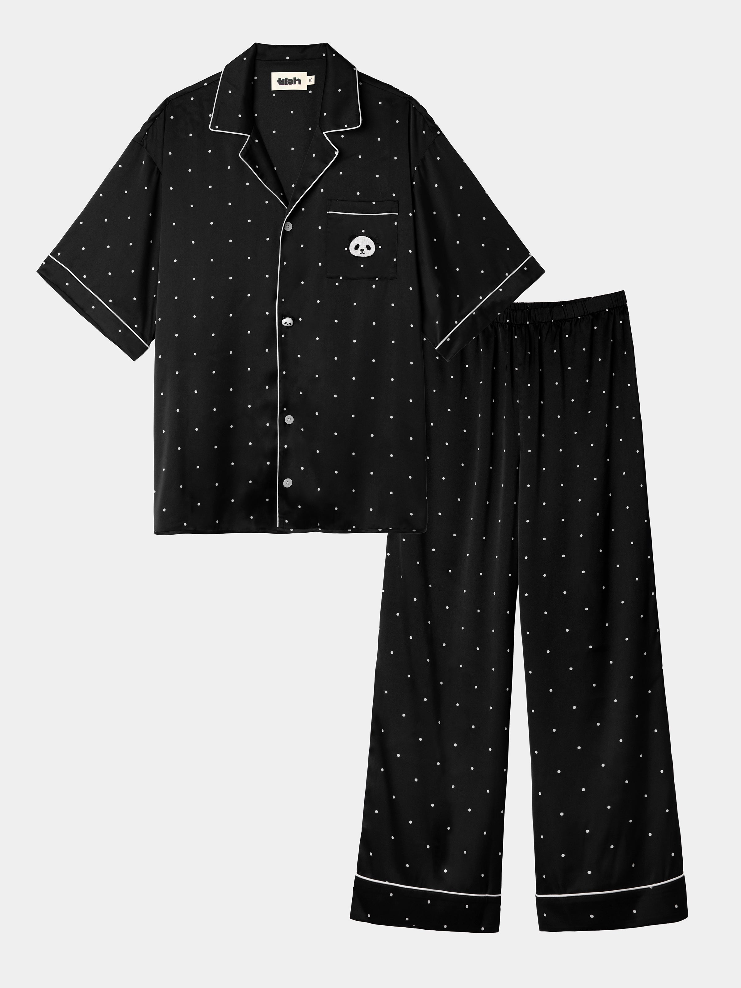"Panda PomPom" Satin Loungewear Set Short Sleeve & Pants – Black Polka Dot
