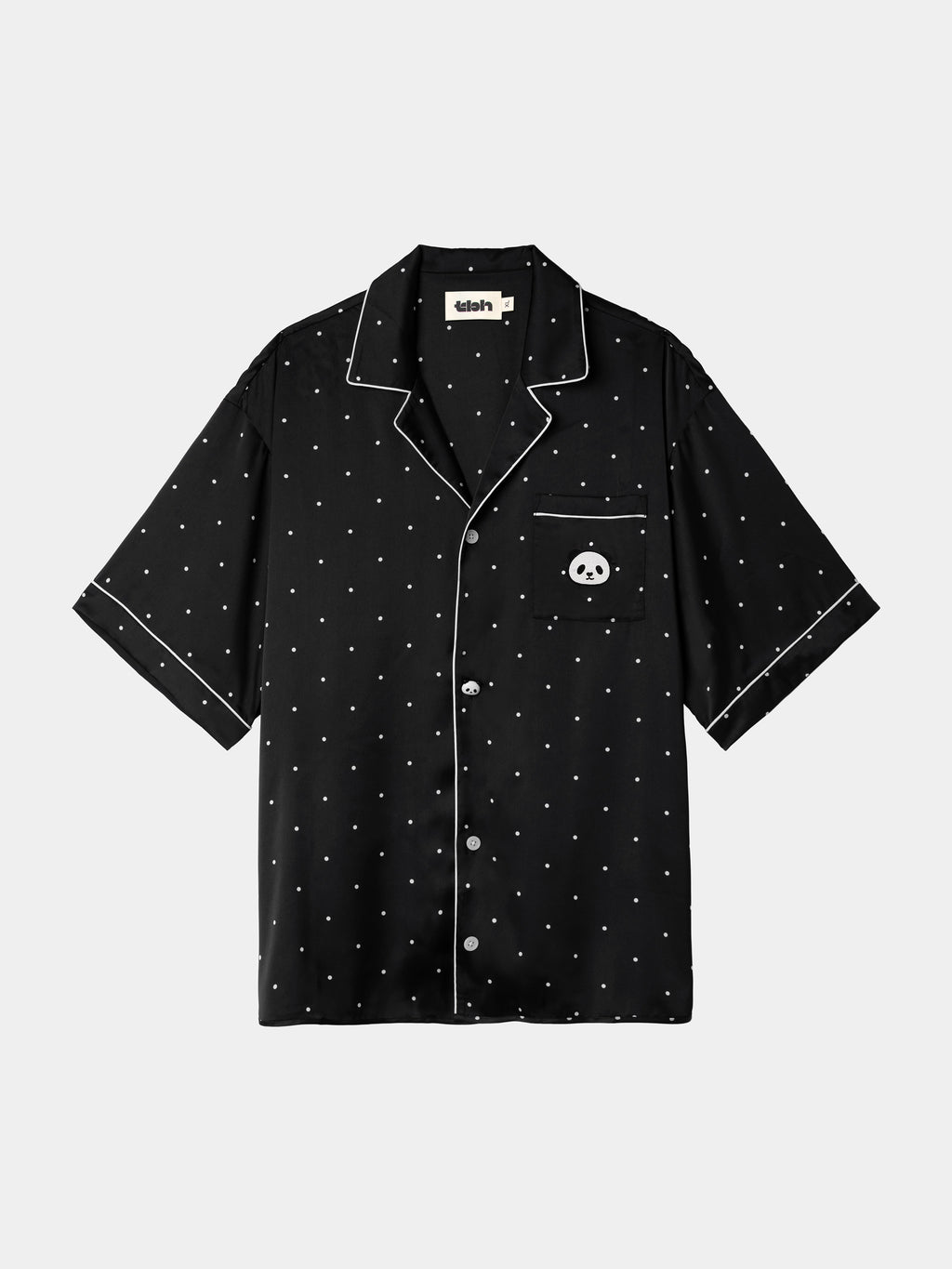 "Panda PomPom" Satin Loungewear Set Short Sleeve & Pants – Black Polka Dot