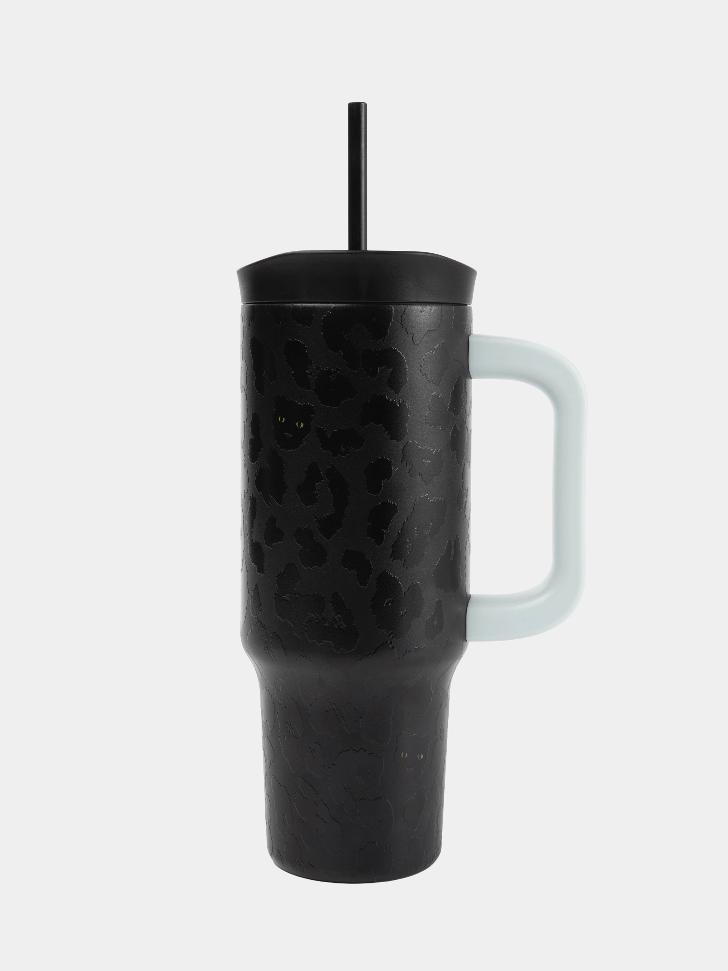 "Urban Jungle" Black Panther Jumbo Stainless Steel Insulated Tumbler with Straw (With Mini Frame Purse) – Black Leopard – 900ml