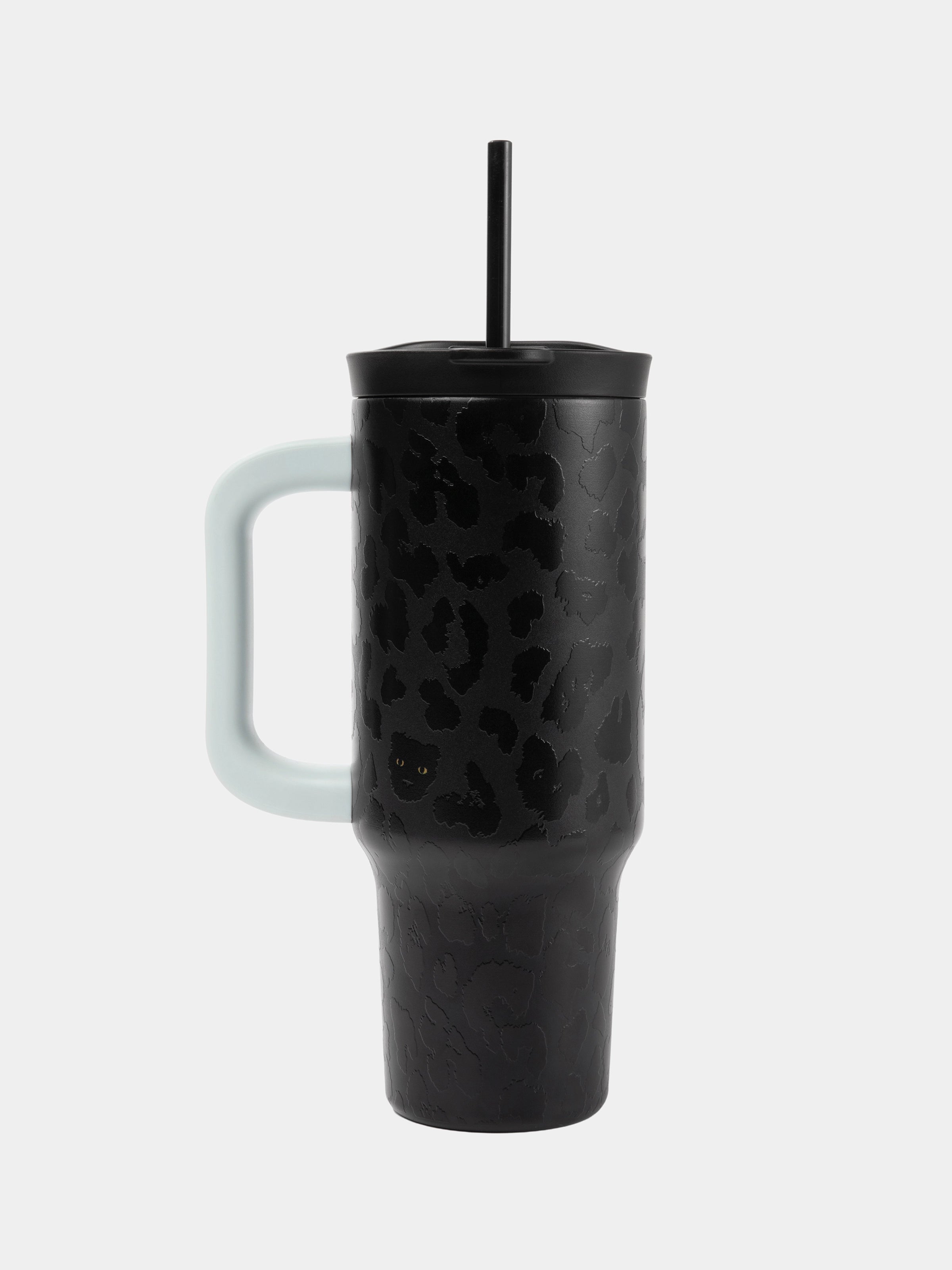 "Urban Jungle" Black Panther Jumbo Stainless Steel Insulated Tumbler with Straw (With Mini Frame Purse) – Black Leopard – 900ml