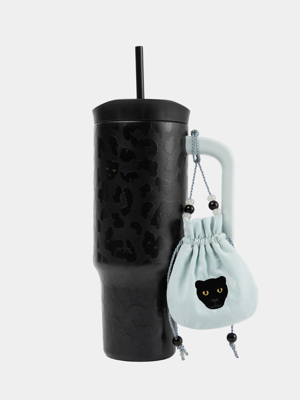"Urban Jungle" Black Panther Jumbo Stainless Steel Insulated Tumbler with Straw (With Mini Frame Purse) – Black Leopard – 900ml