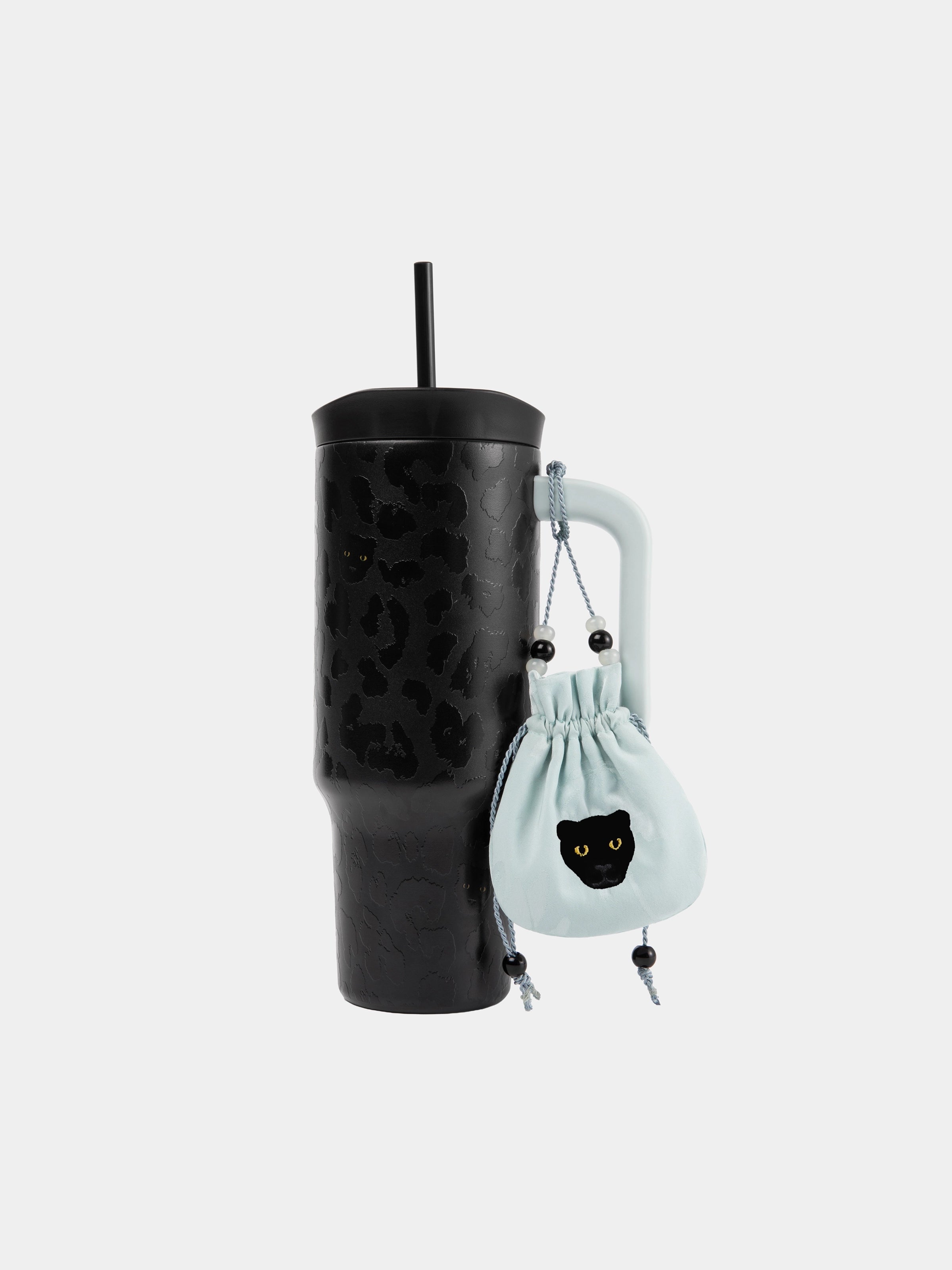 "Urban Jungle" Black Panther Jumbo Stainless Steel Insulated Tumbler with Straw (With Mini Frame Purse) – Black Leopard – 900ml
