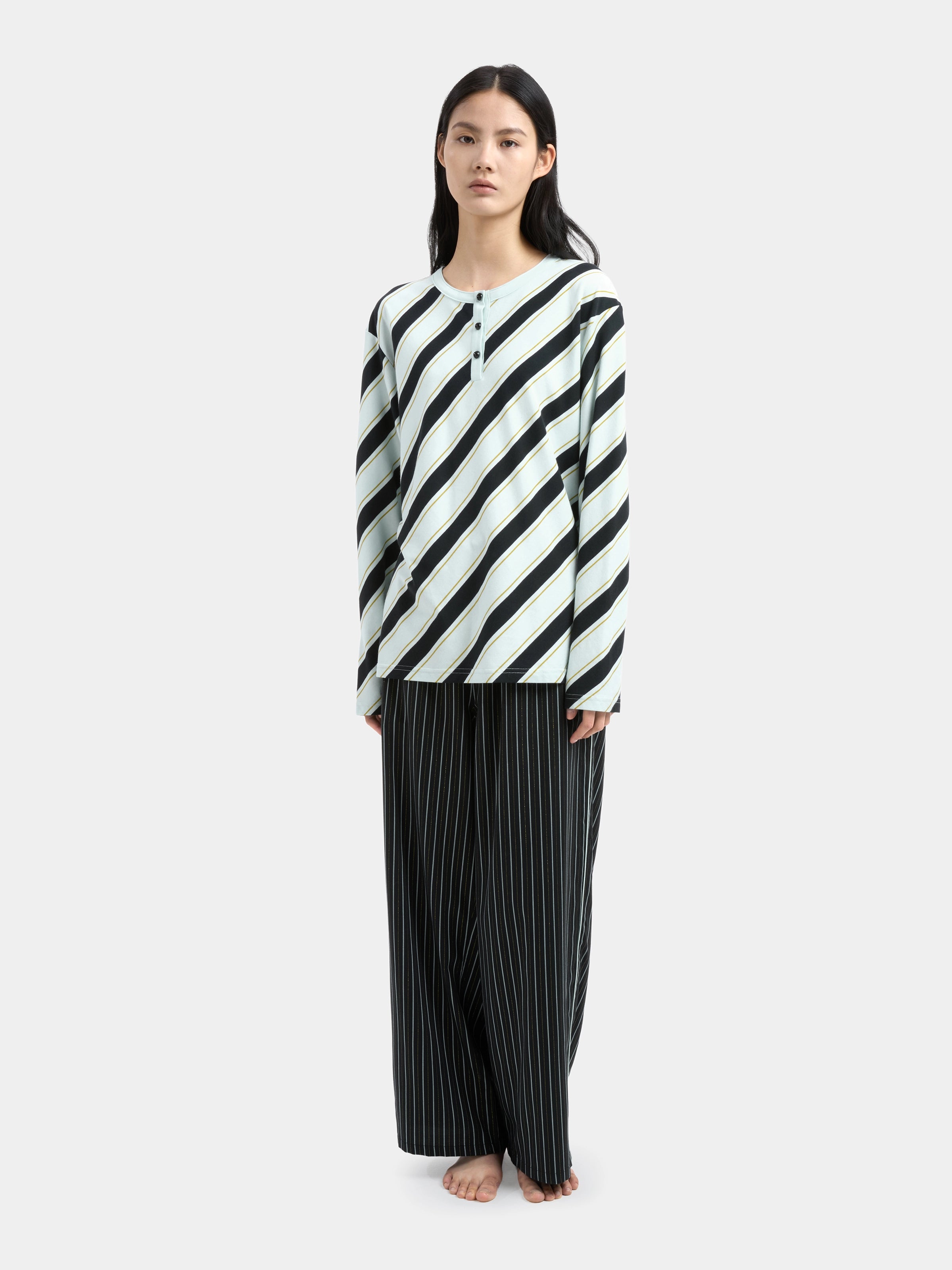 "Urban Jungle" Black Panther Knitted Henley Top – Blue & Black Stripes
