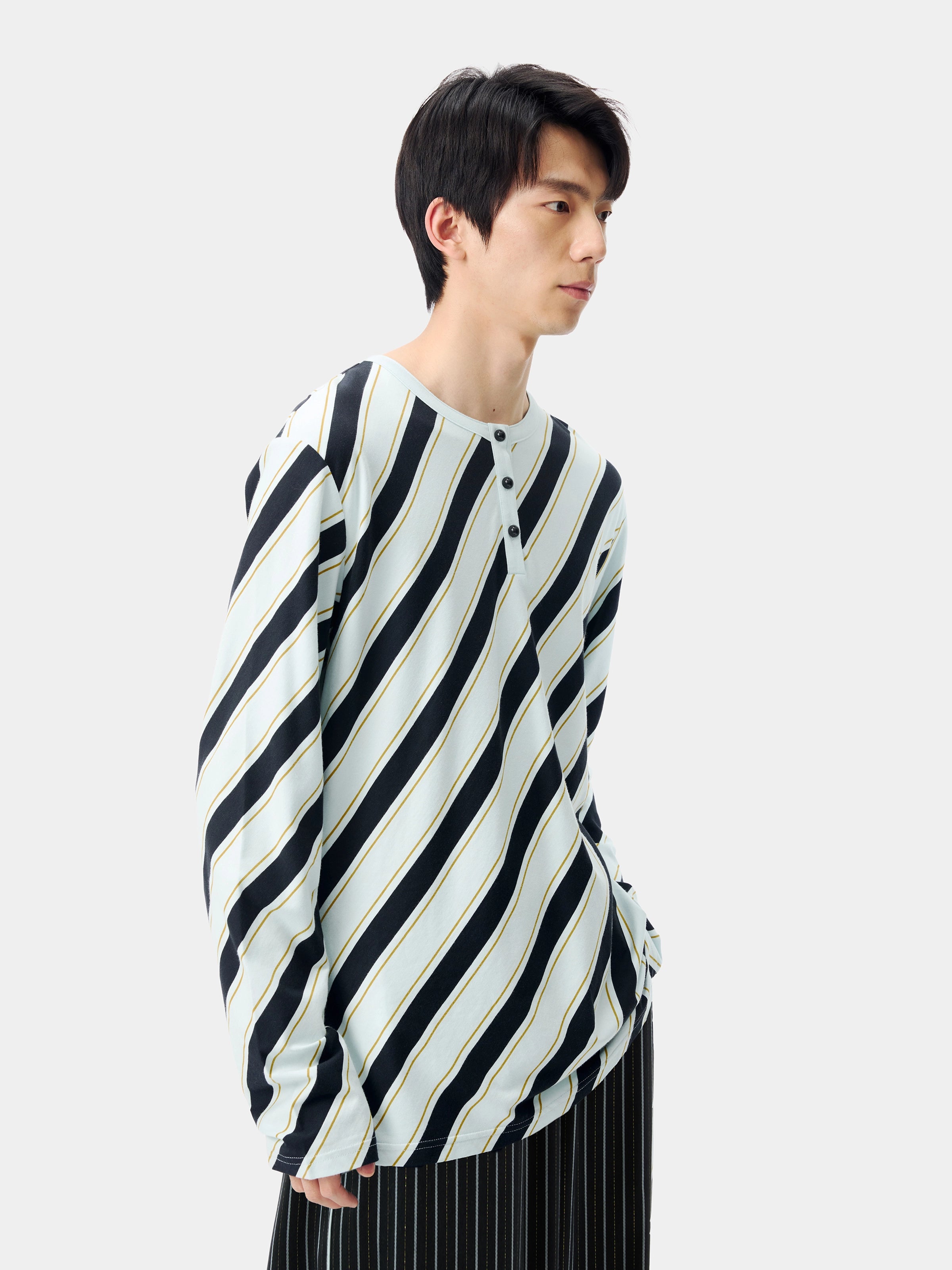 "Urban Jungle" Black Panther Knitted Henley Top – Blue & Black Stripes