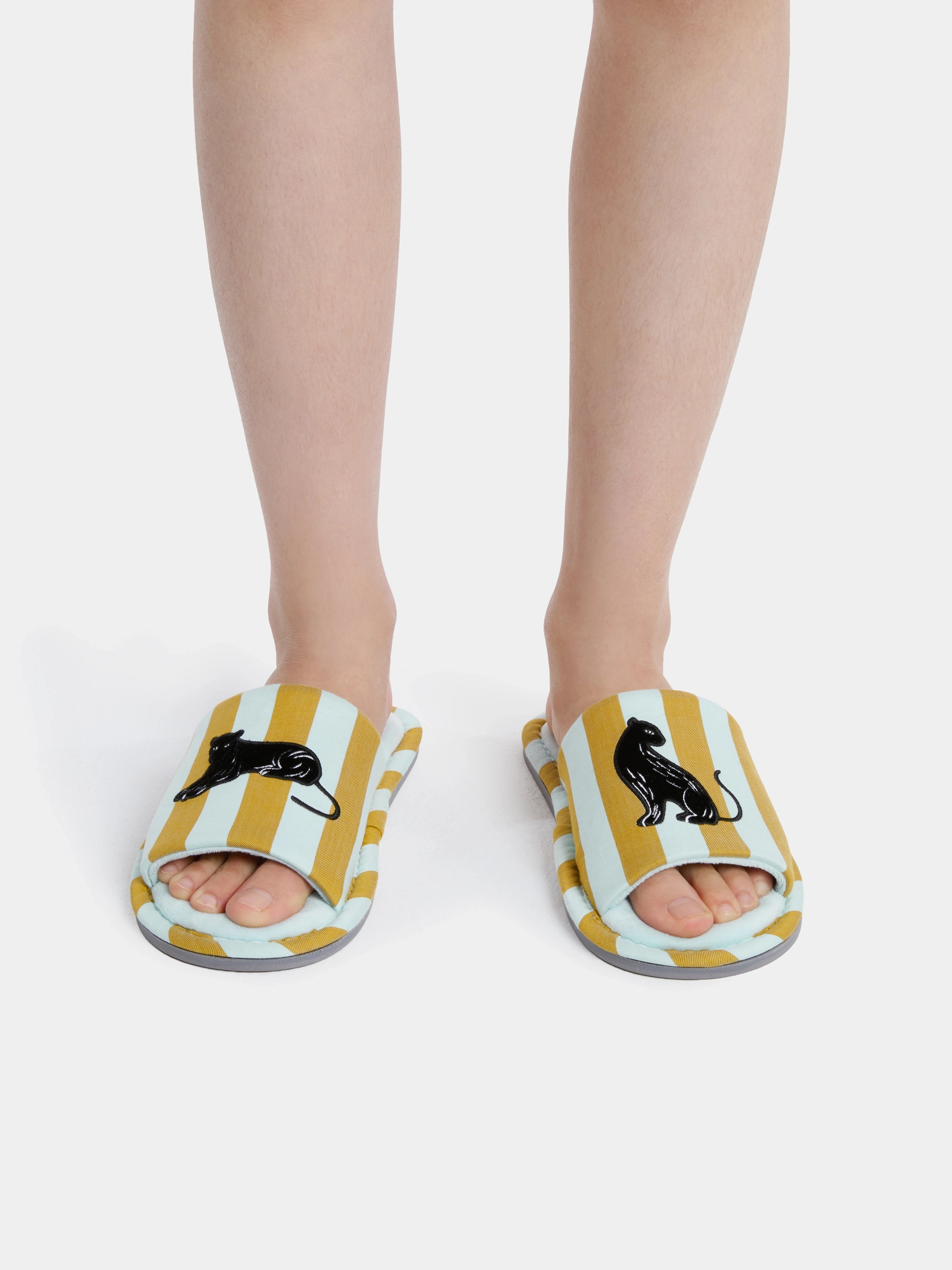 "Urban Jungle" Black Panther Open-Toe Slippers – Blue & Green Stripes