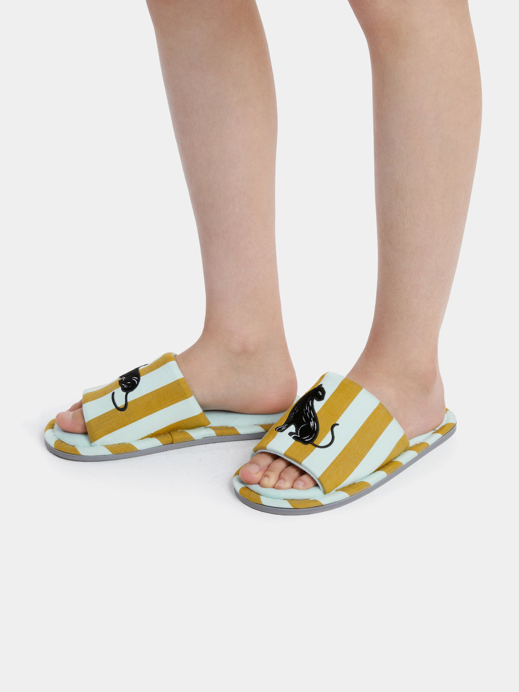 "Urban Jungle" Black Panther Open-Toe Slippers – Blue & Green Stripes