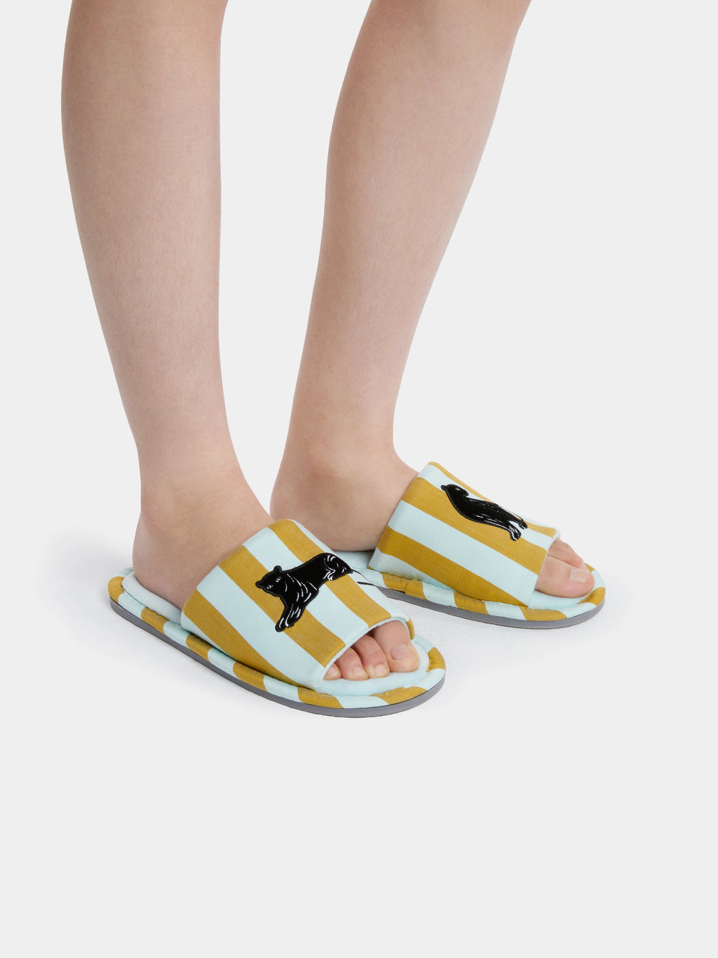 "Urban Jungle" Black Panther Open-Toe Slippers – Blue & Green Stripes