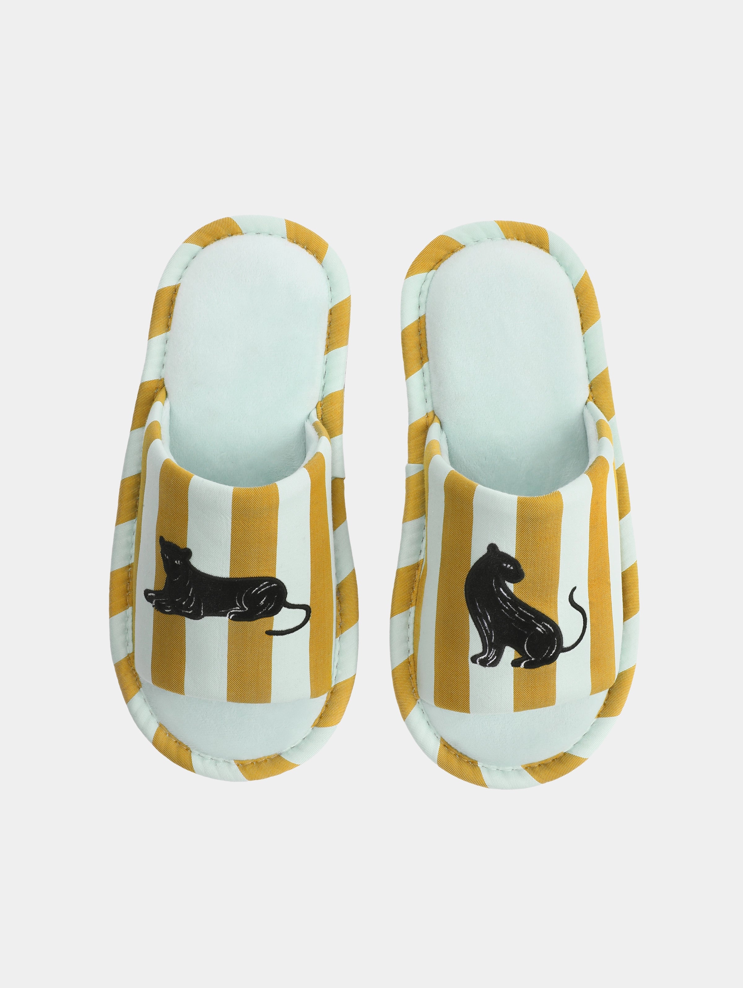 "Urban Jungle" Black Panther Open-Toe Slippers – Blue & Green Stripes