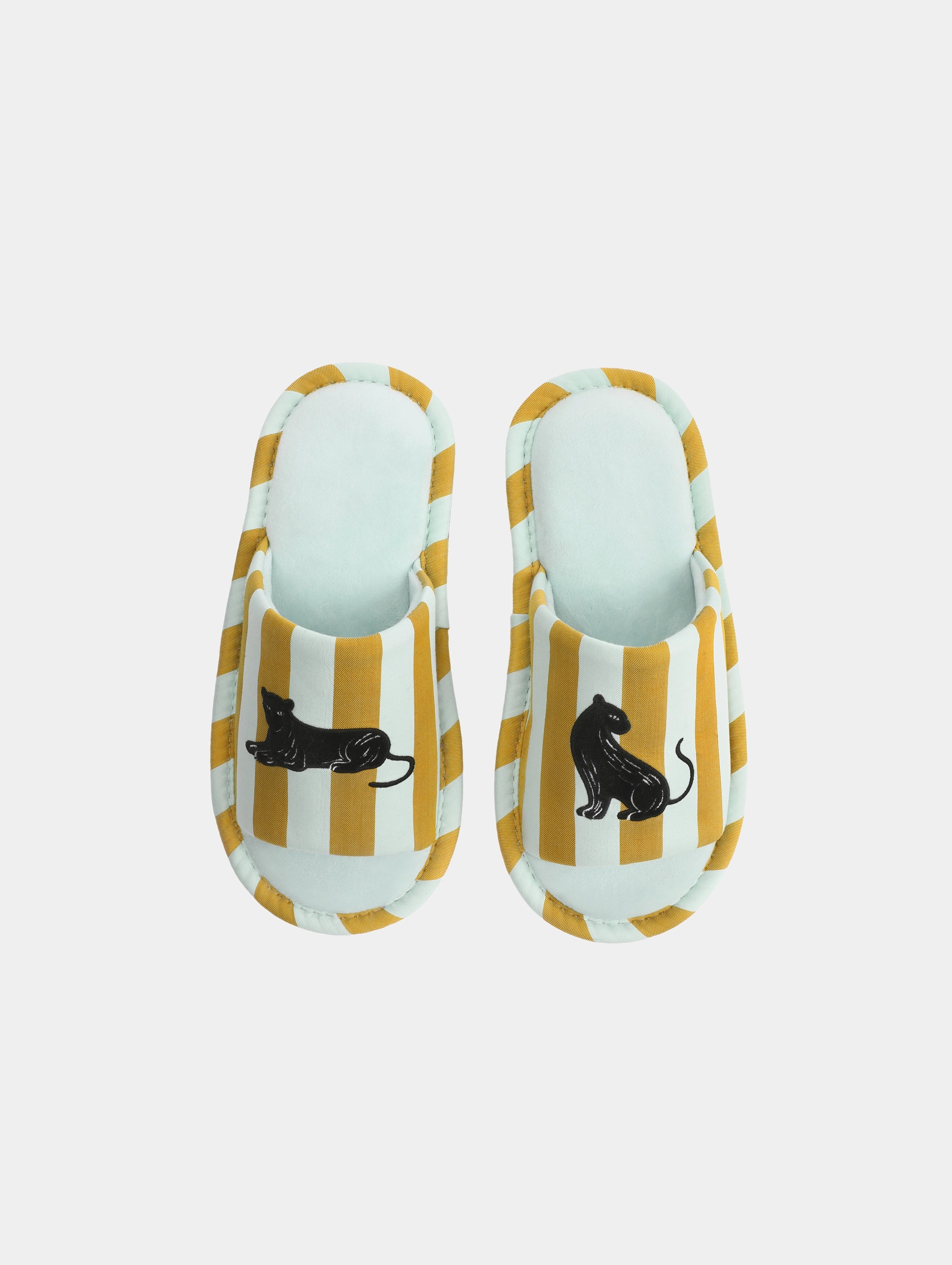 "Urban Jungle" Black Panther Open-Toe Slippers – Blue & Green Stripes