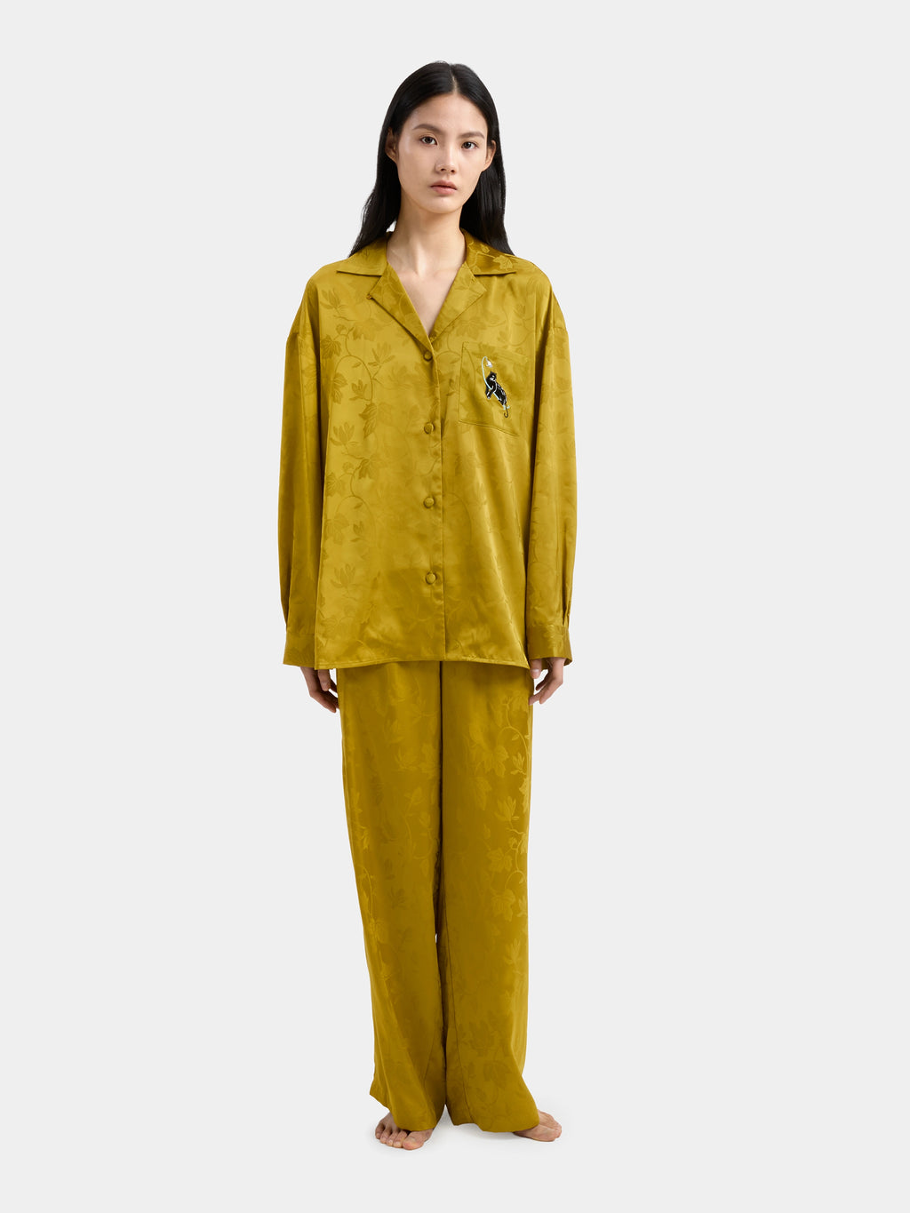 "Urban Jungle" Black Panther Satin Jacquard Loungewear Set Long Sleeve – Dark Gold