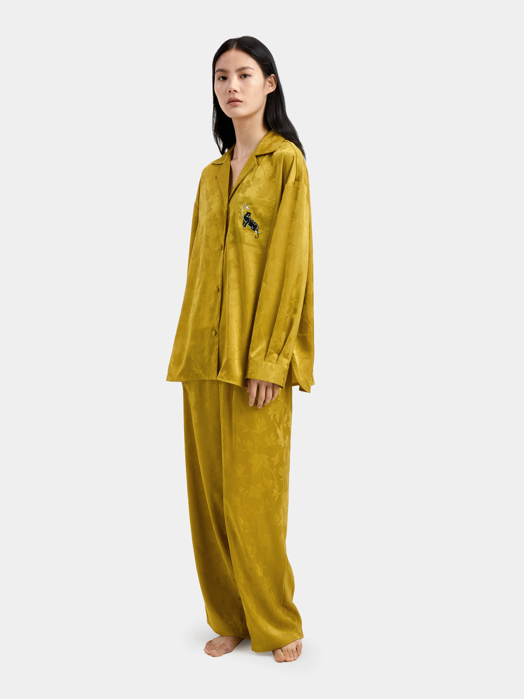 "Urban Jungle" Black Panther Satin Jacquard Loungewear Set Long Sleeve – Dark Gold