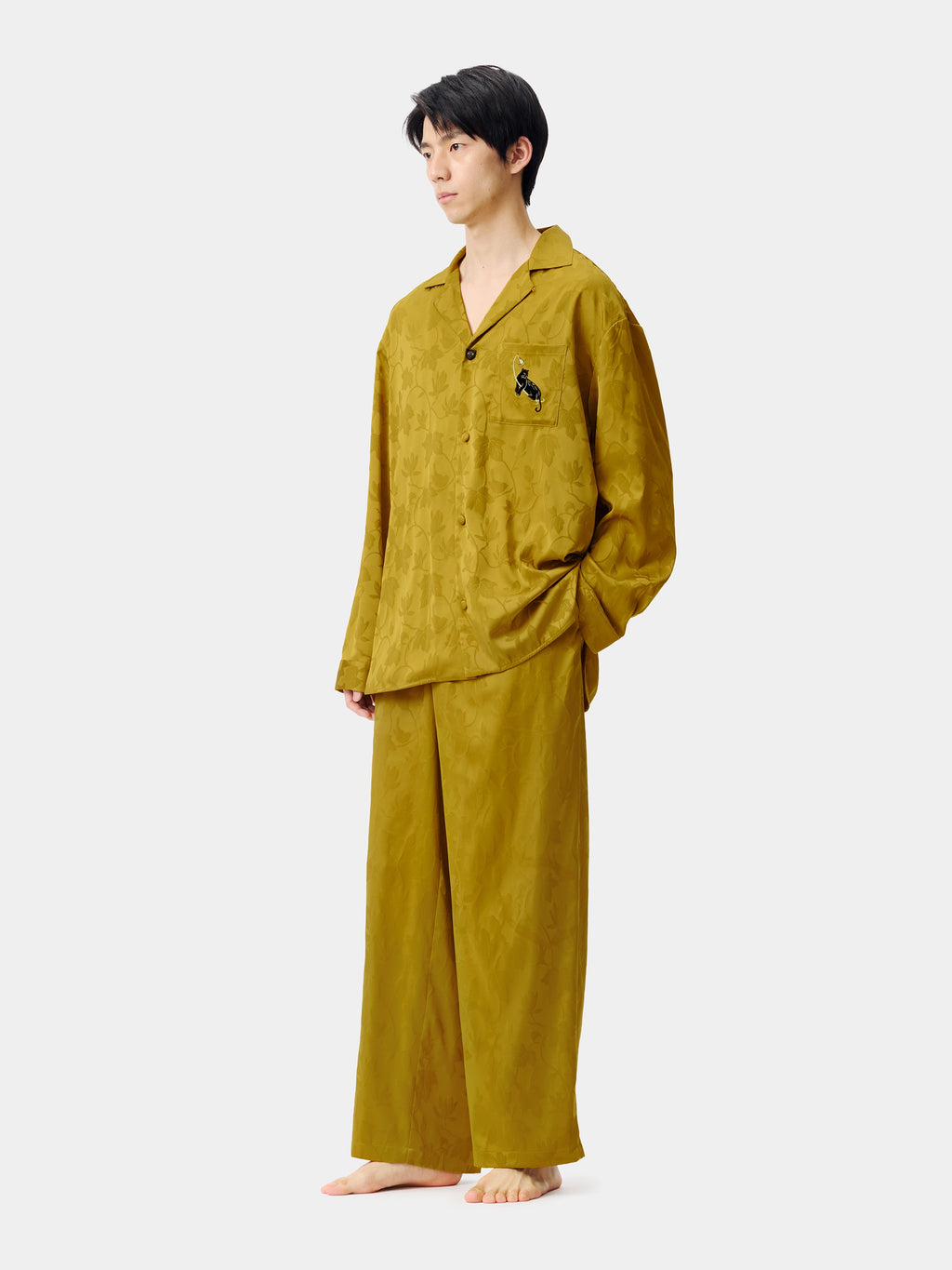 "Urban Jungle" Black Panther Satin Jacquard Loungewear Set Long Sleeve – Dark Gold