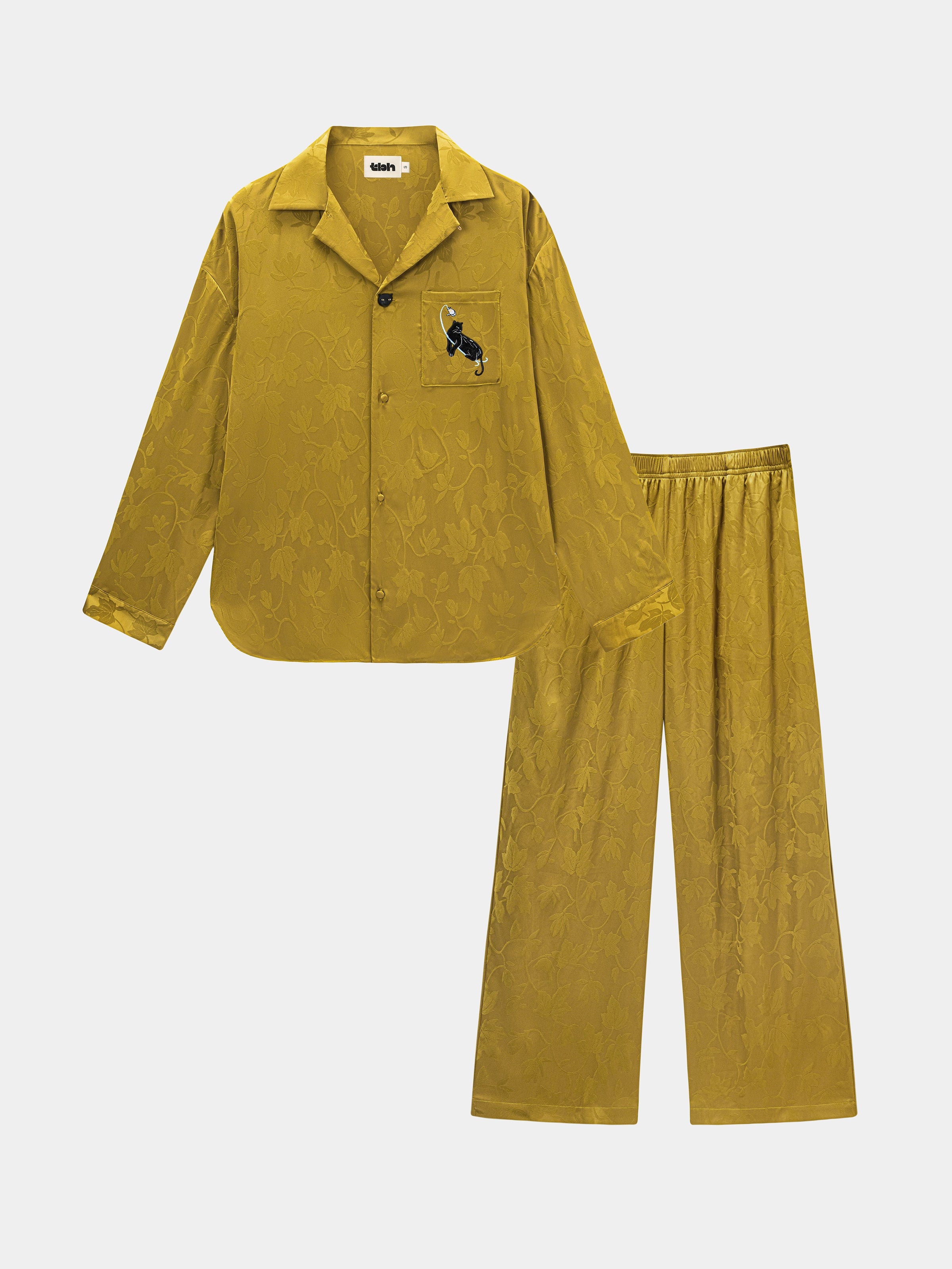 "Urban Jungle" Black Panther Satin Jacquard Loungewear Set Long Sleeve – Dark Gold