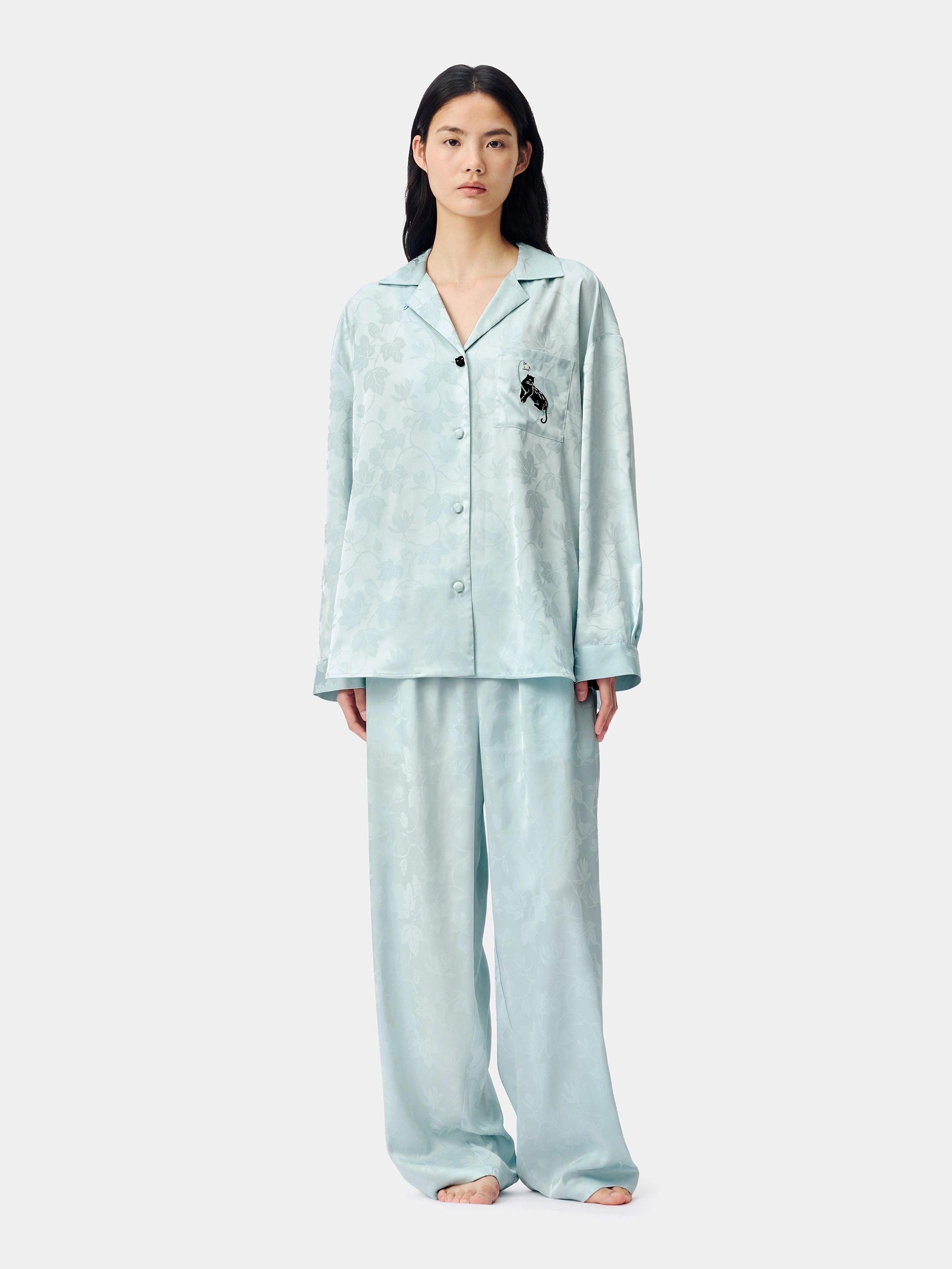 "Urban Jungle" Black Panther Satin Jacquard Loungewear Set Long Sleeve – Mist Blue