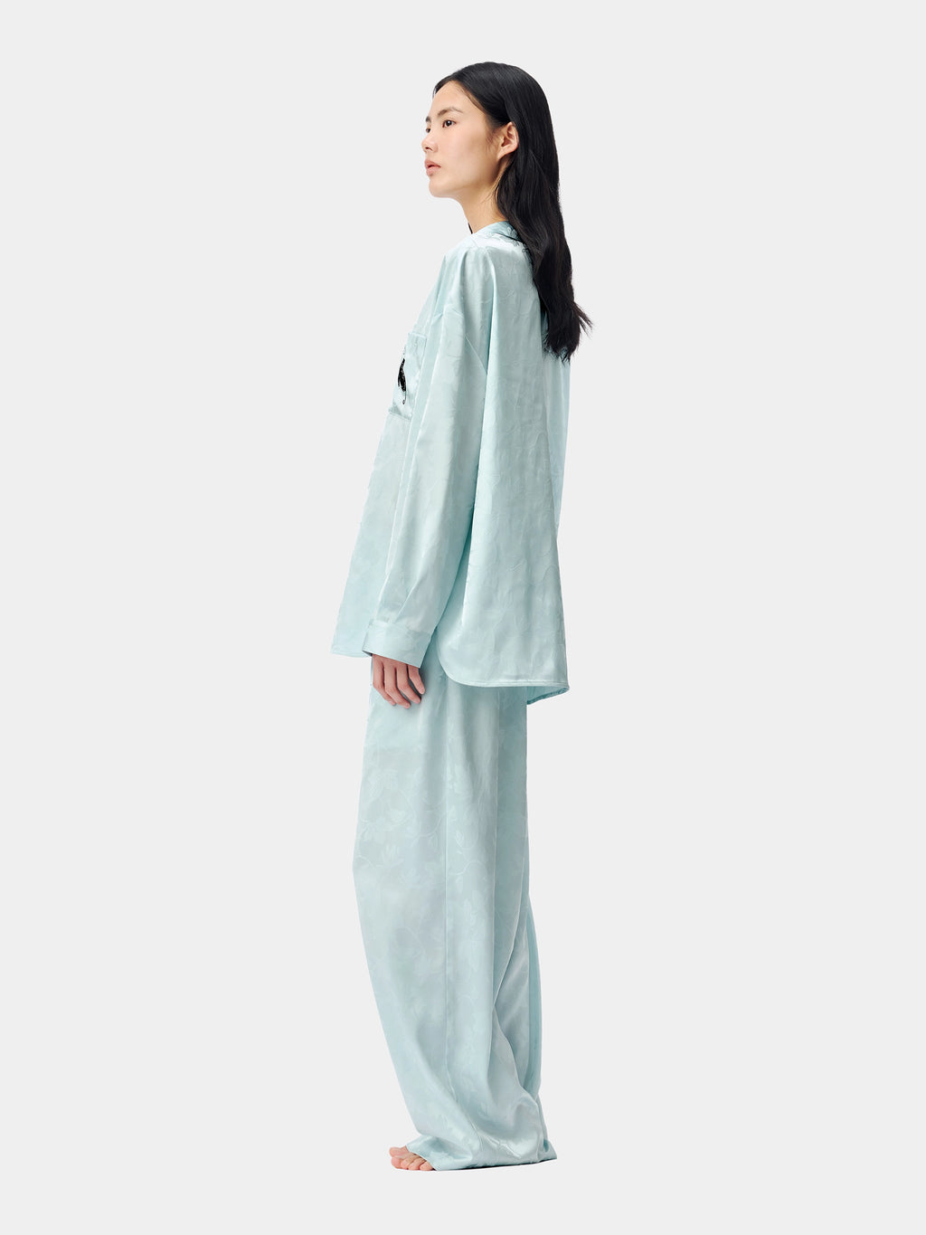 "Urban Jungle" Black Panther Satin Jacquard Loungewear Set Long Sleeve – Mist Blue