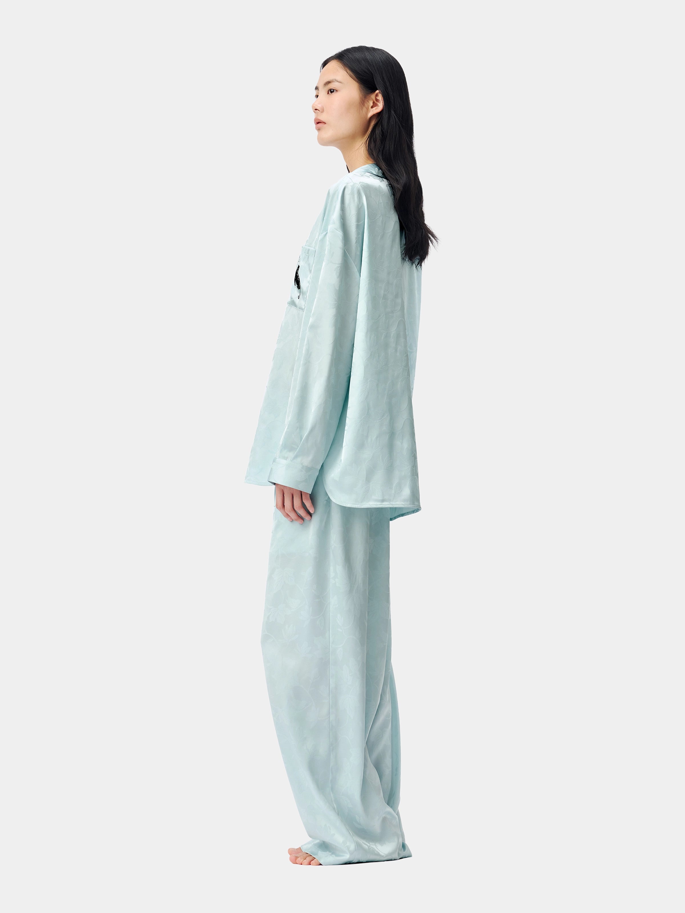 "Urban Jungle" Black Panther Satin Jacquard Loungewear Set Long Sleeve – Mist Blue