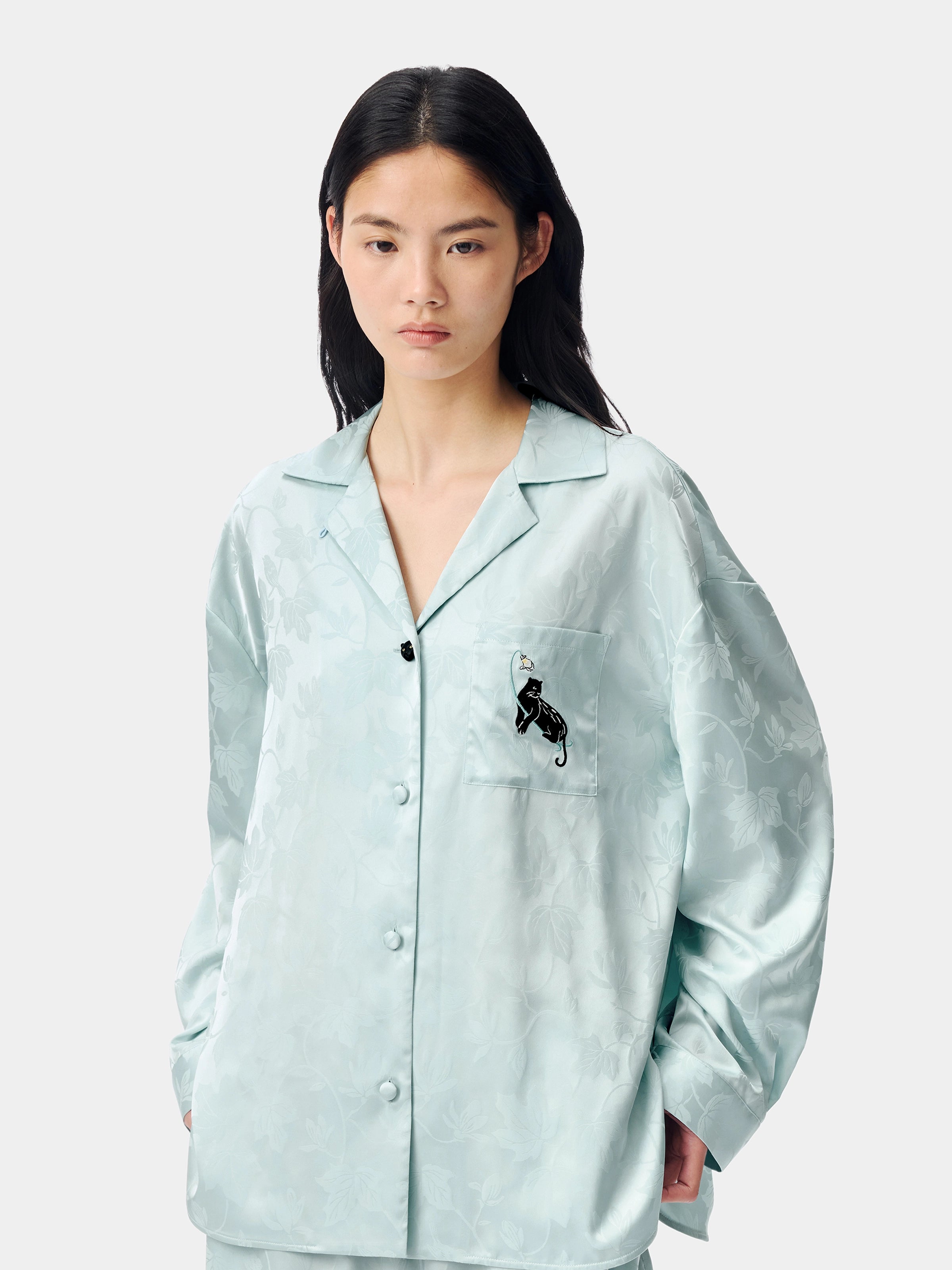 "Urban Jungle" Black Panther Satin Jacquard Loungewear Set Long Sleeve – Mist Blue