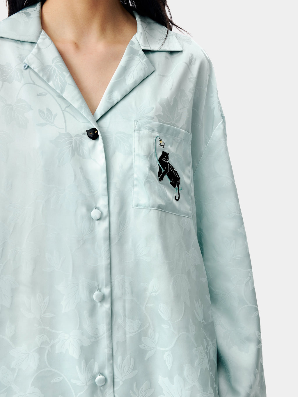 "Urban Jungle" Black Panther Satin Jacquard Loungewear Set Long Sleeve – Mist Blue