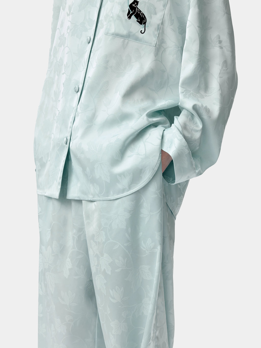 "Urban Jungle" Black Panther Satin Jacquard Loungewear Set Long Sleeve – Mist Blue