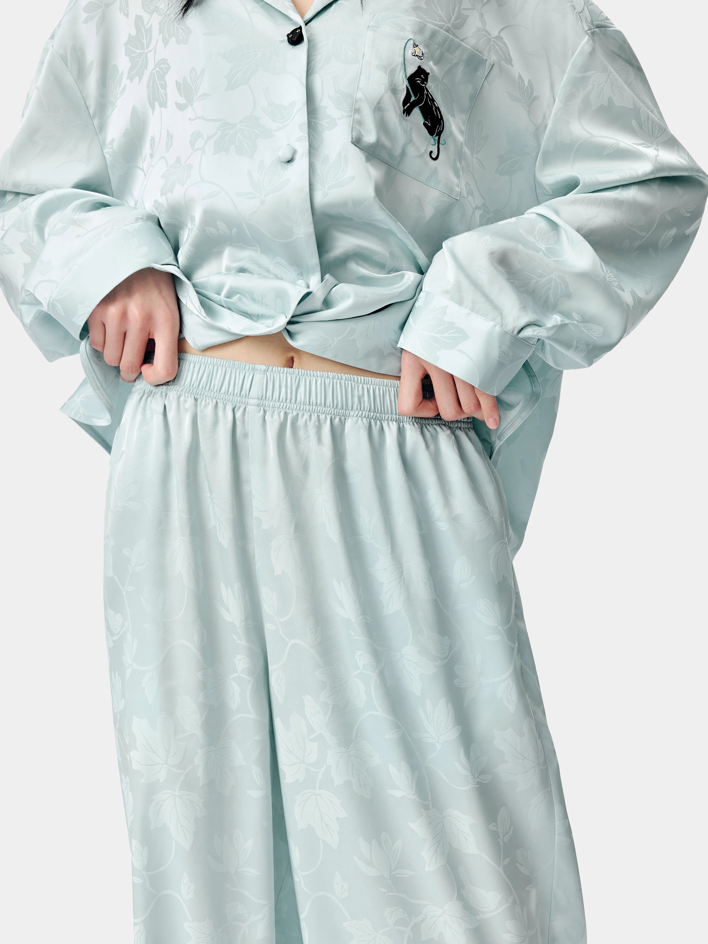 "Urban Jungle" Black Panther Satin Jacquard Loungewear Set Long Sleeve – Mist Blue