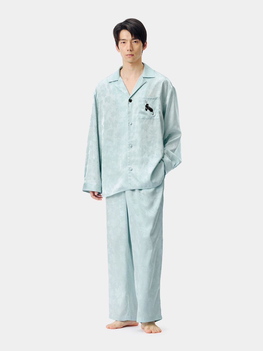 "Urban Jungle" Black Panther Satin Jacquard Loungewear Set Long Sleeve – Mist Blue
