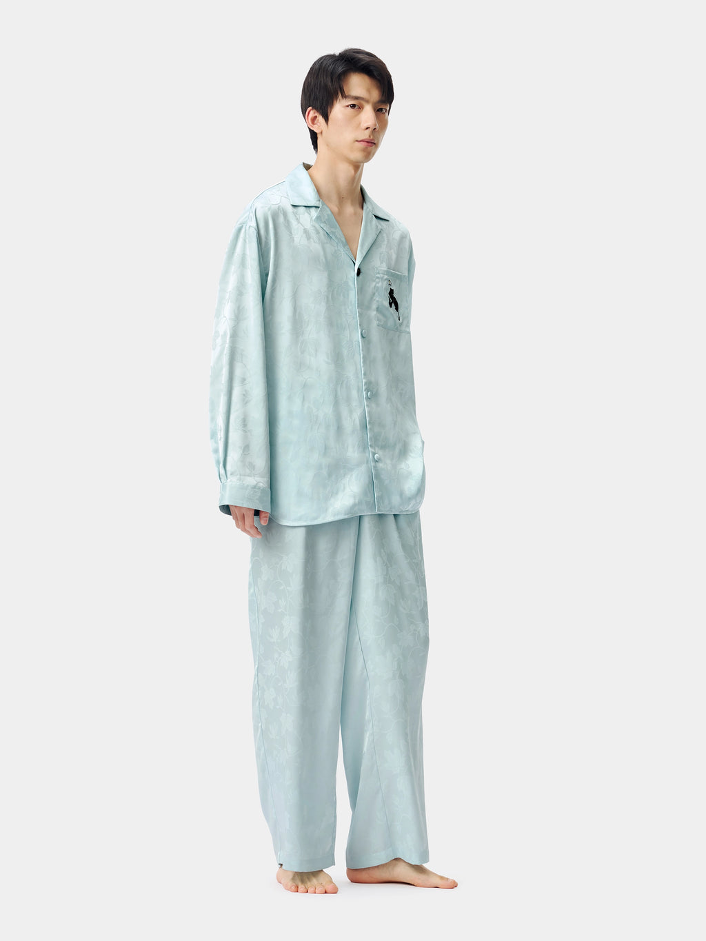 "Urban Jungle" Black Panther Satin Jacquard Loungewear Set Long Sleeve – Mist Blue