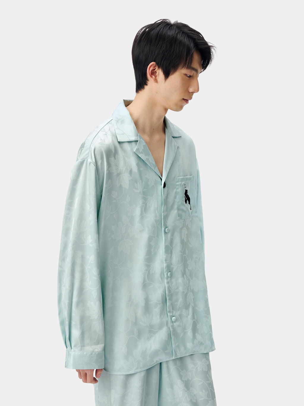 "Urban Jungle" Black Panther Satin Jacquard Loungewear Set Long Sleeve – Mist Blue