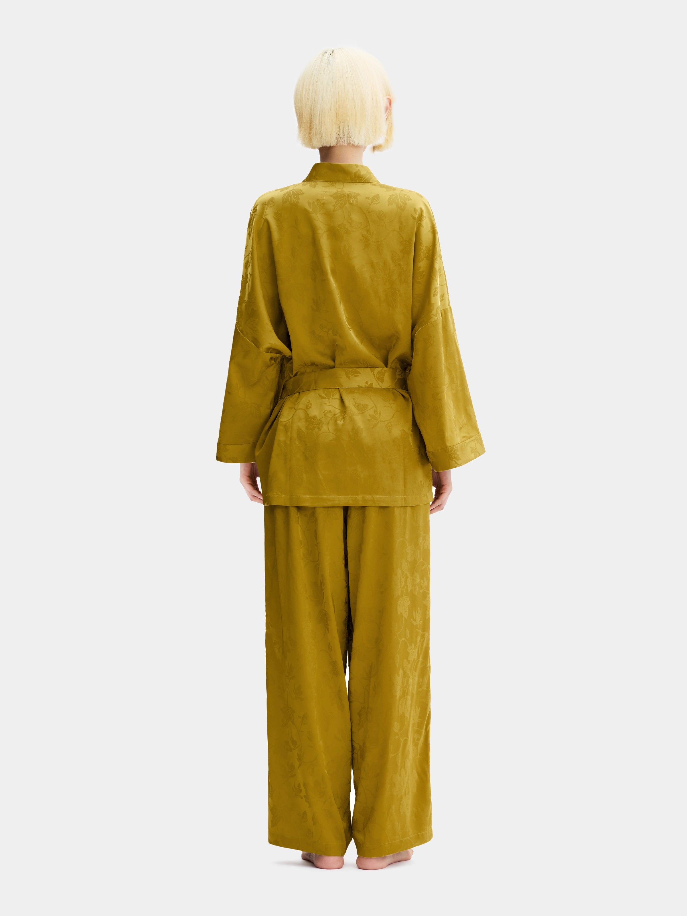 "Urban Jungle" Black Panther Satin Jacquard Loungewear Set Robe & Pants – Dark Gold
