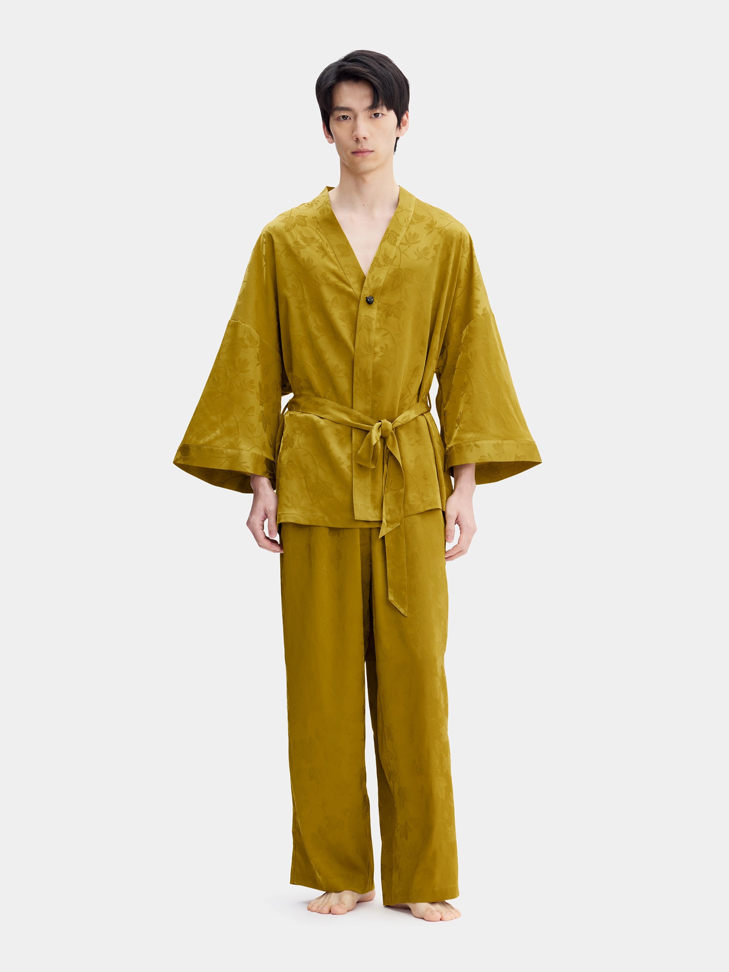 "Urban Jungle" Black Panther Satin Jacquard Loungewear Set Robe & Pants – Dark Gold
