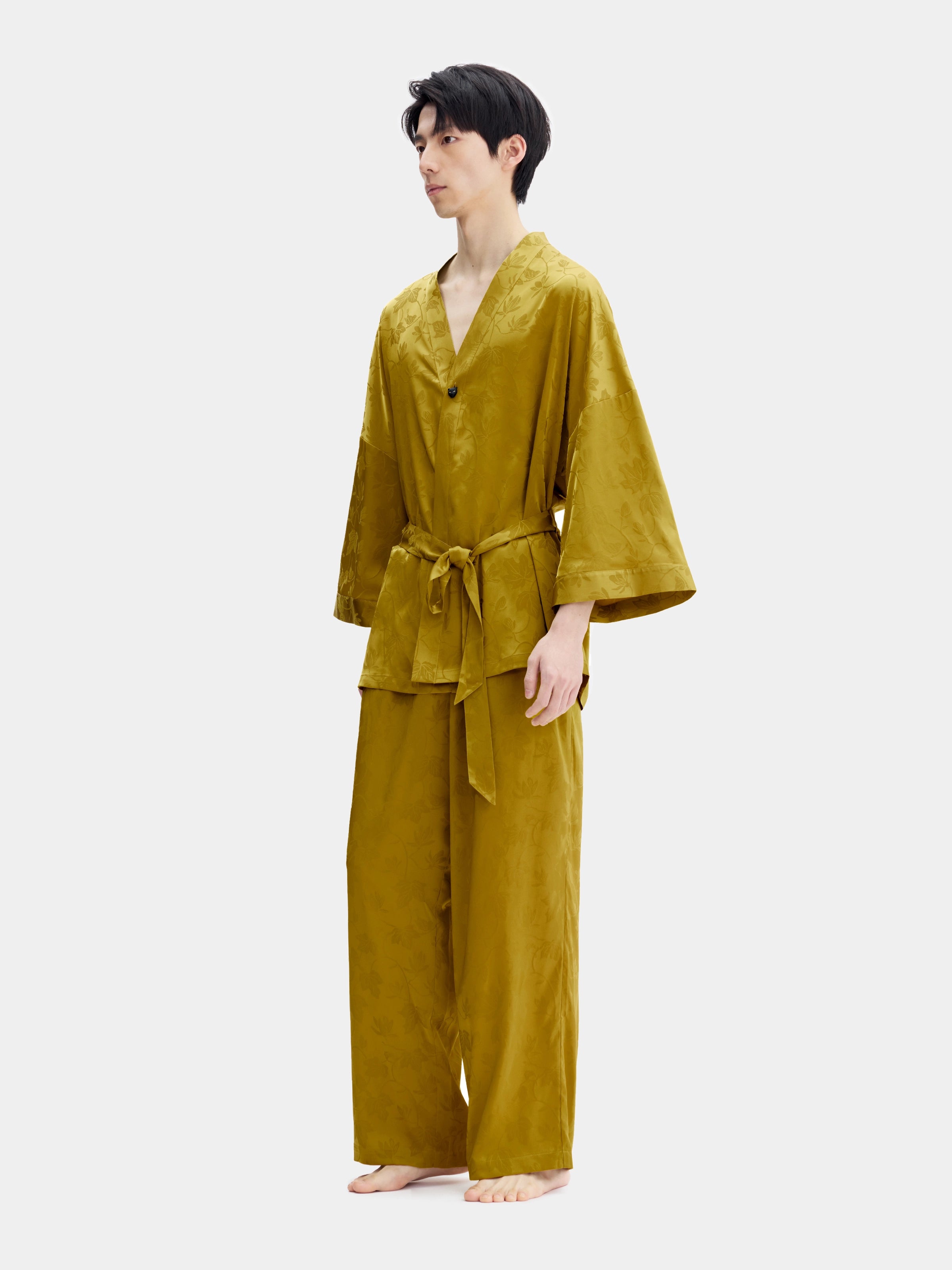"Urban Jungle" Black Panther Satin Jacquard Loungewear Set Robe & Pants – Dark Gold