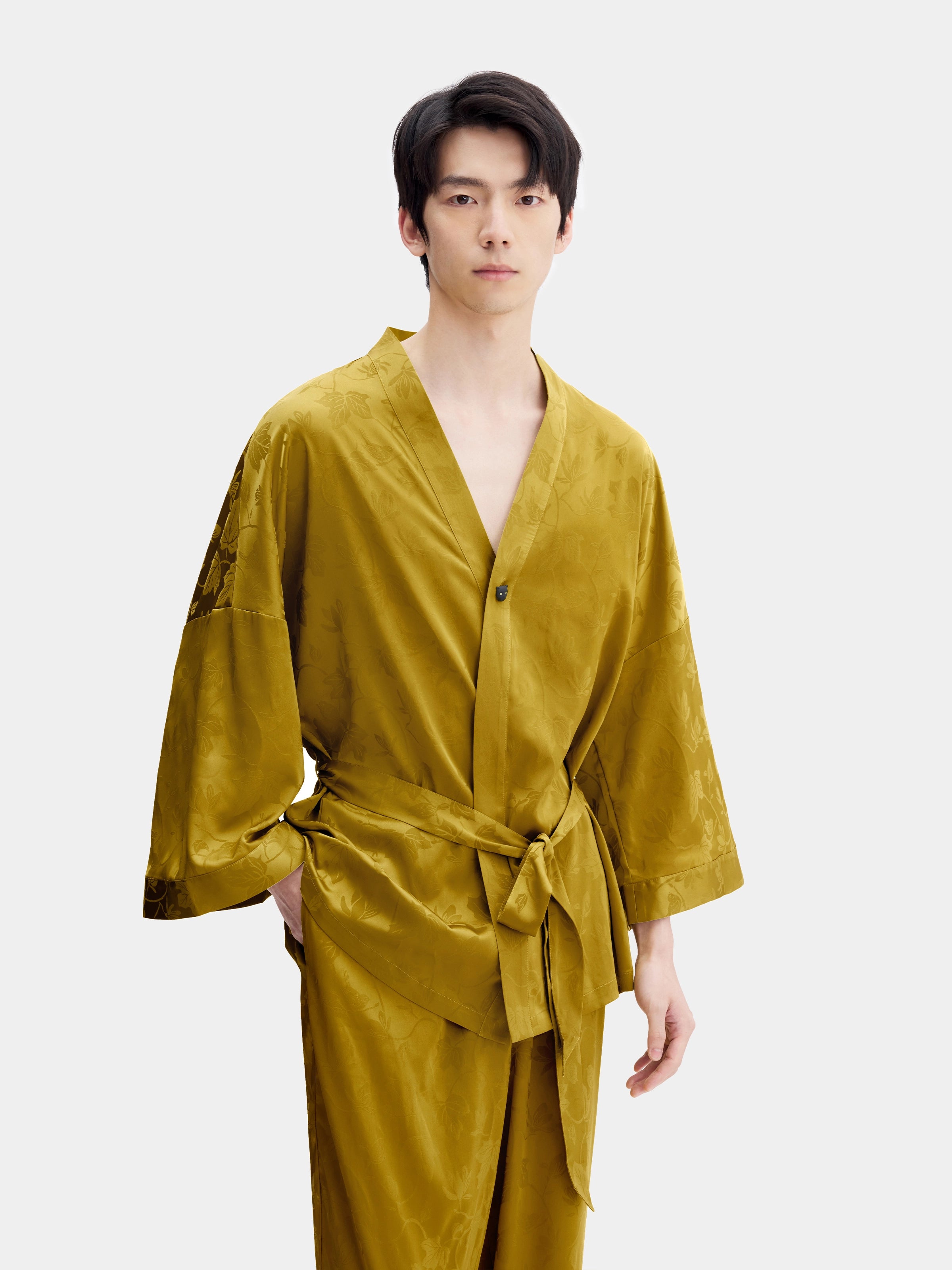 "Urban Jungle" Black Panther Satin Jacquard Loungewear Set Robe & Pants – Dark Gold