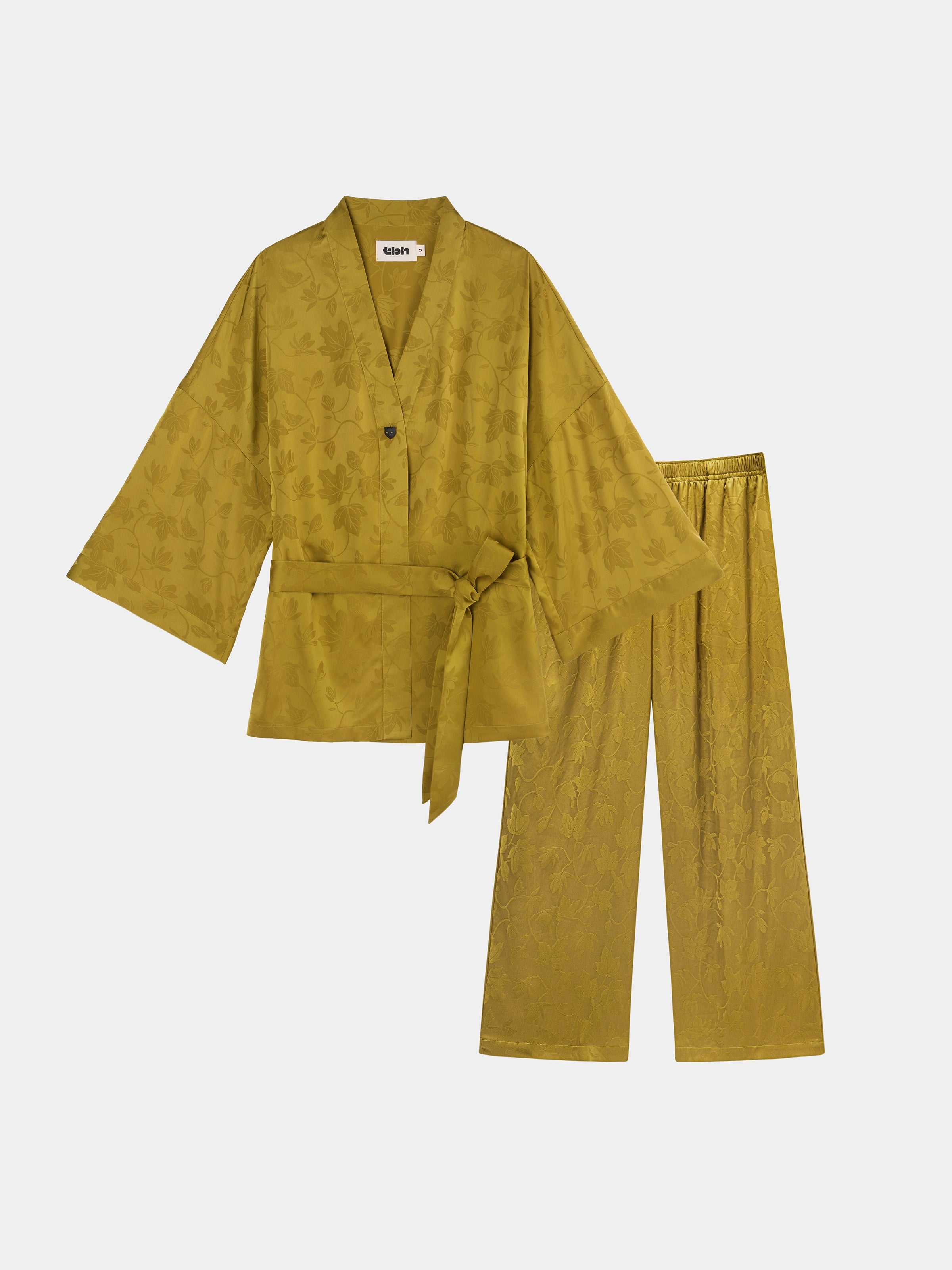 "Urban Jungle" Black Panther Satin Jacquard Loungewear Set Robe & Pants – Dark Gold