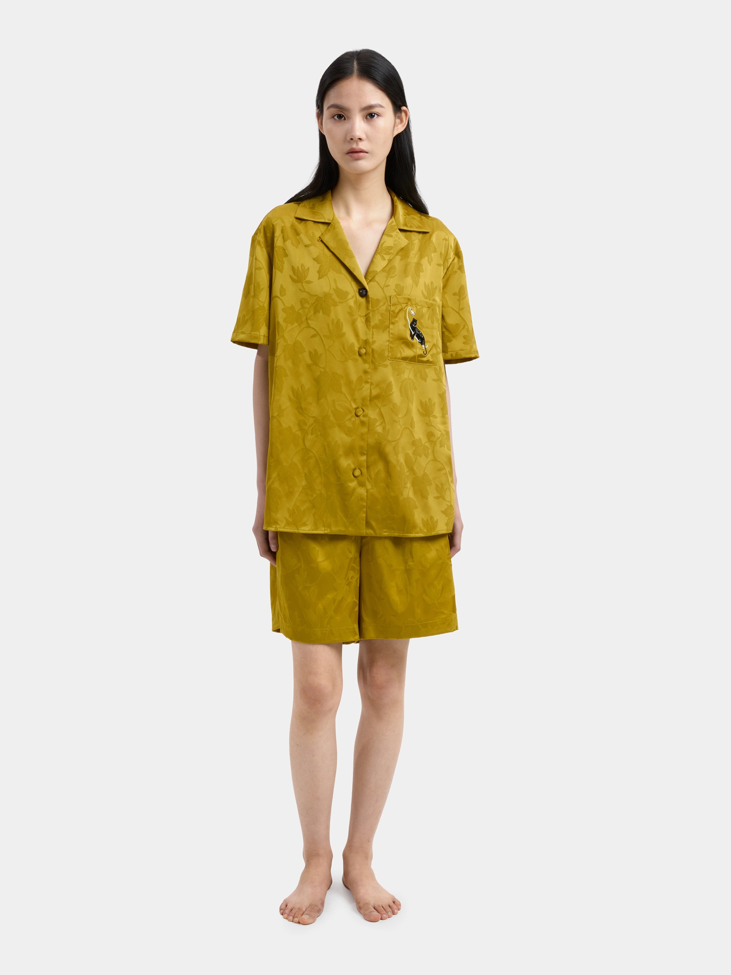 "Urban Jungle" Black Panther Satin Jacquard Loungewear Set Short Sleeve & Shorts – Dark Gold