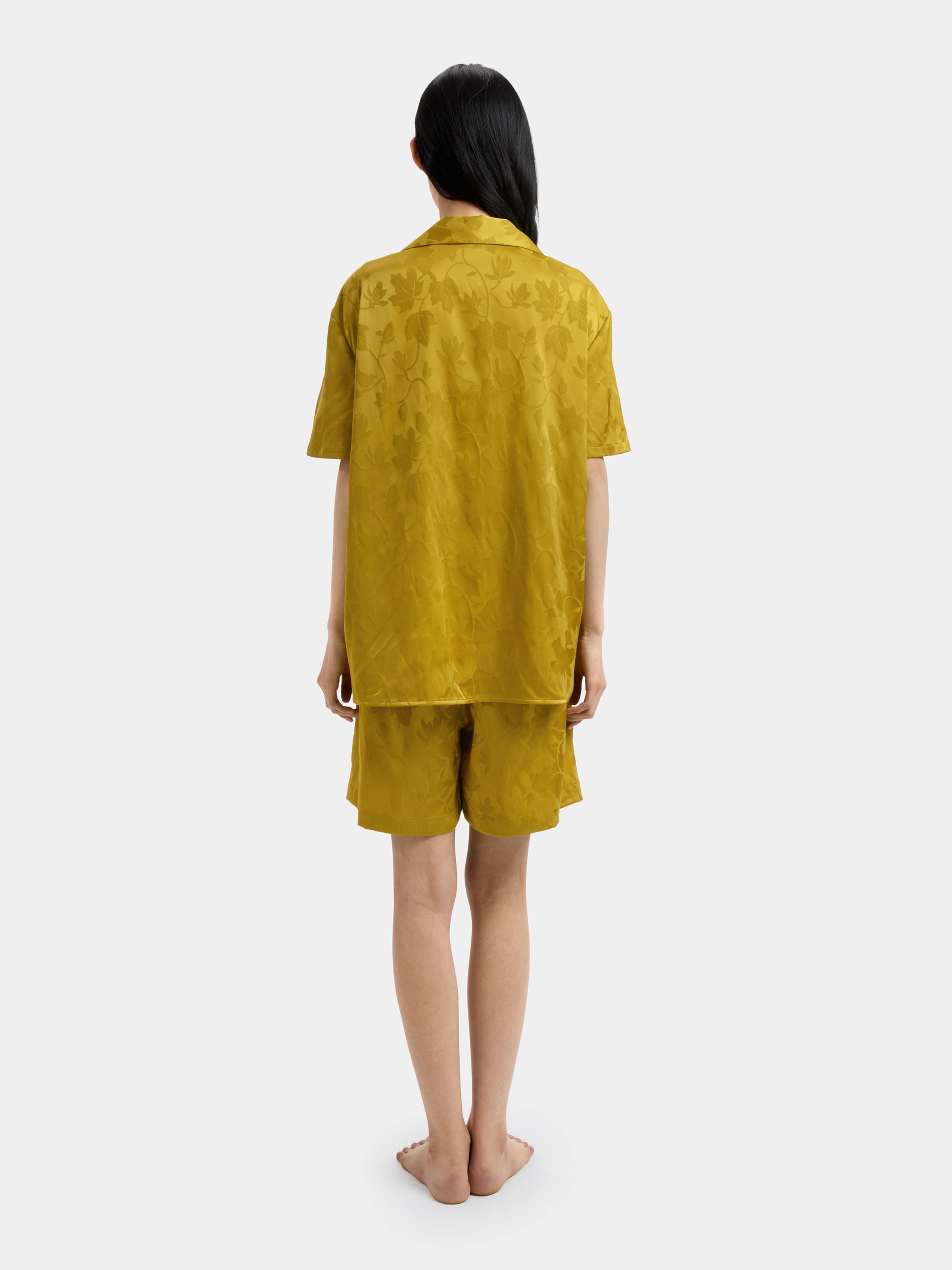 "Urban Jungle" Black Panther Satin Jacquard Loungewear Set Short Sleeve & Shorts – Dark Gold