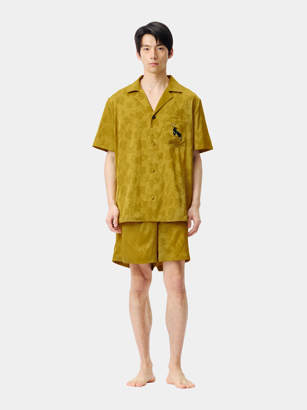 "Urban Jungle" Black Panther Satin Jacquard Loungewear Set Short Sleeve & Shorts – Dark Gold